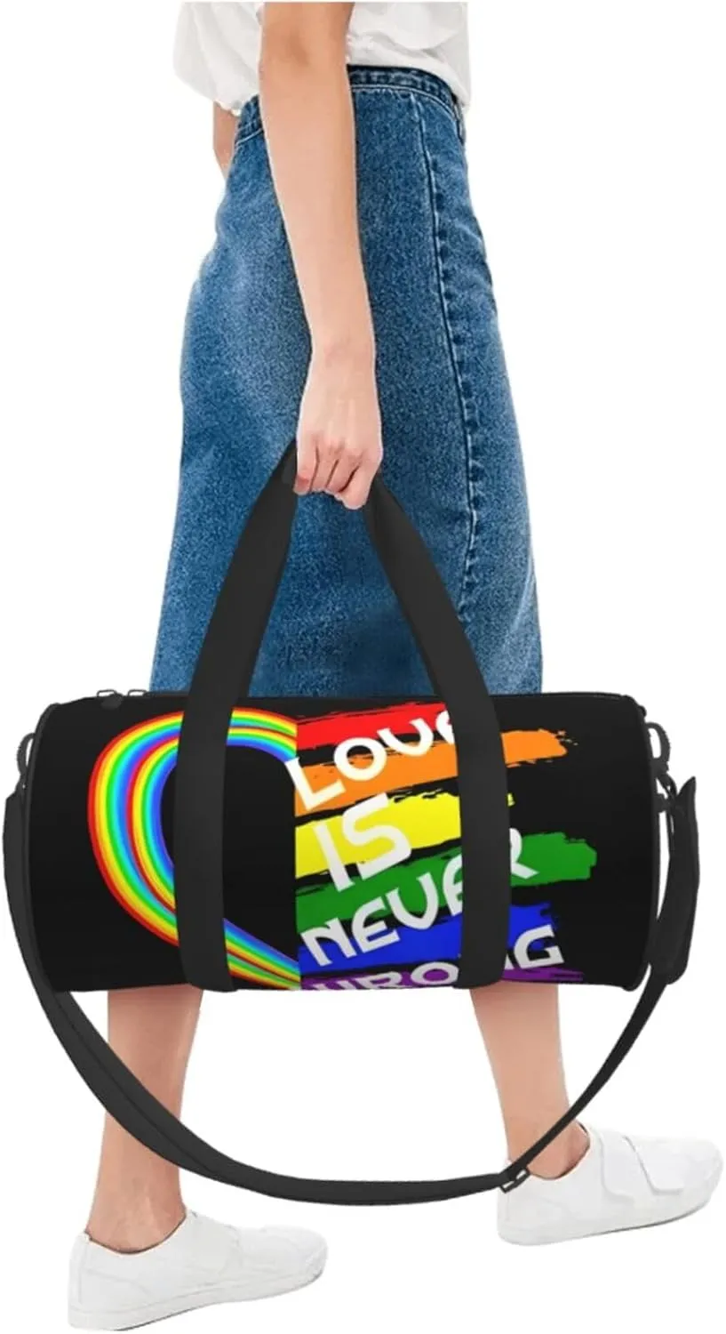 LGBT Rainbow Gay Pride Flag love is never wrong Round Travel Duffel Bag Large Capacity Gym Sports Bags for Hiking Vacation Trips