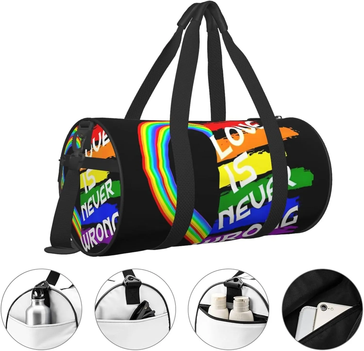 LGBT Rainbow Gay Pride Flag love is never wrong Round Travel Duffel Bag Large Capacity Gym Sports Bags for Hiking Vacation Trips
