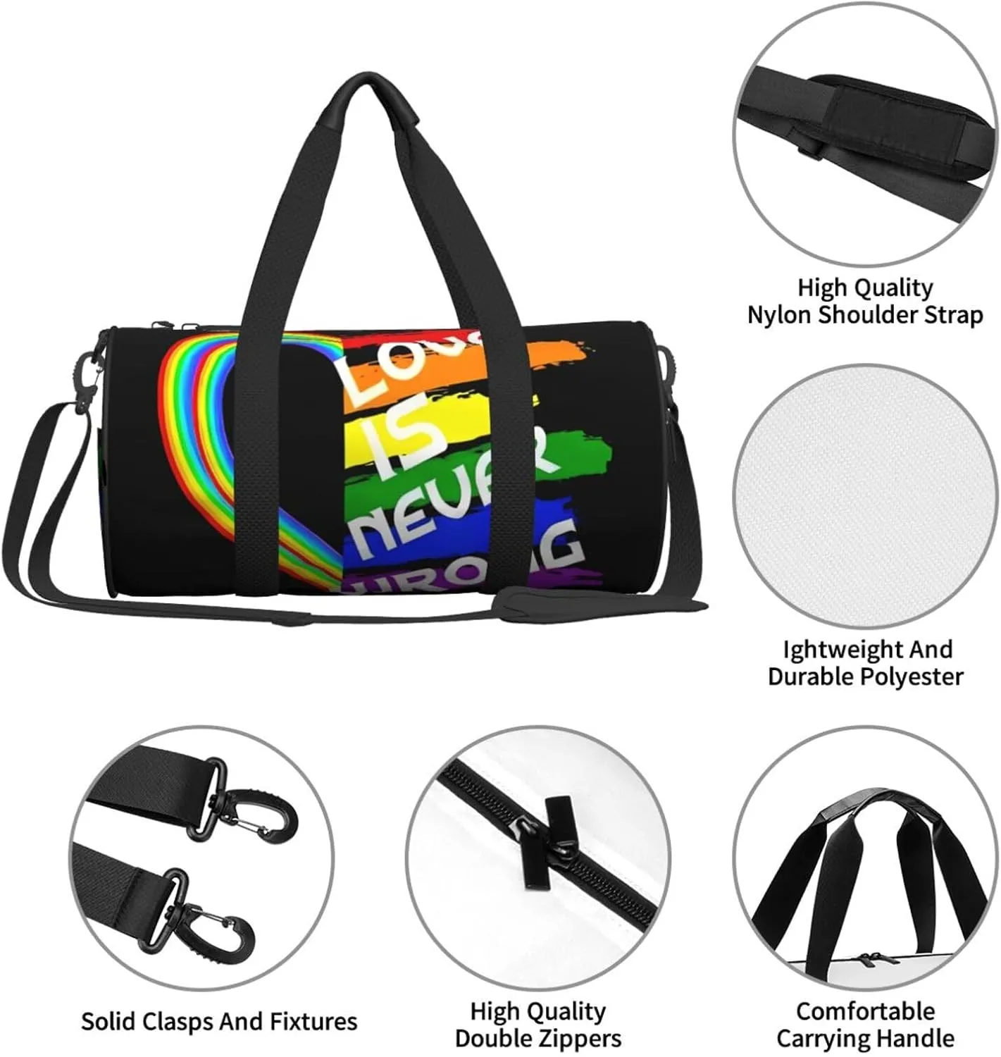 LGBT Rainbow Gay Pride Flag love is never wrong Round Travel Duffel Bag Large Capacity Gym Sports Bags for Hiking Vacation Trips