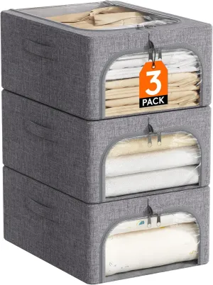 Lifewit 3 Pack Clothes Storage Bins with Metal Frame, Foldable Clothing Storage Bins with Lids, 25L Stackable Storage Box Storage Bags Fabric Bins Organizer with Clear Window＆ Zippers＆ Sturdy Handles