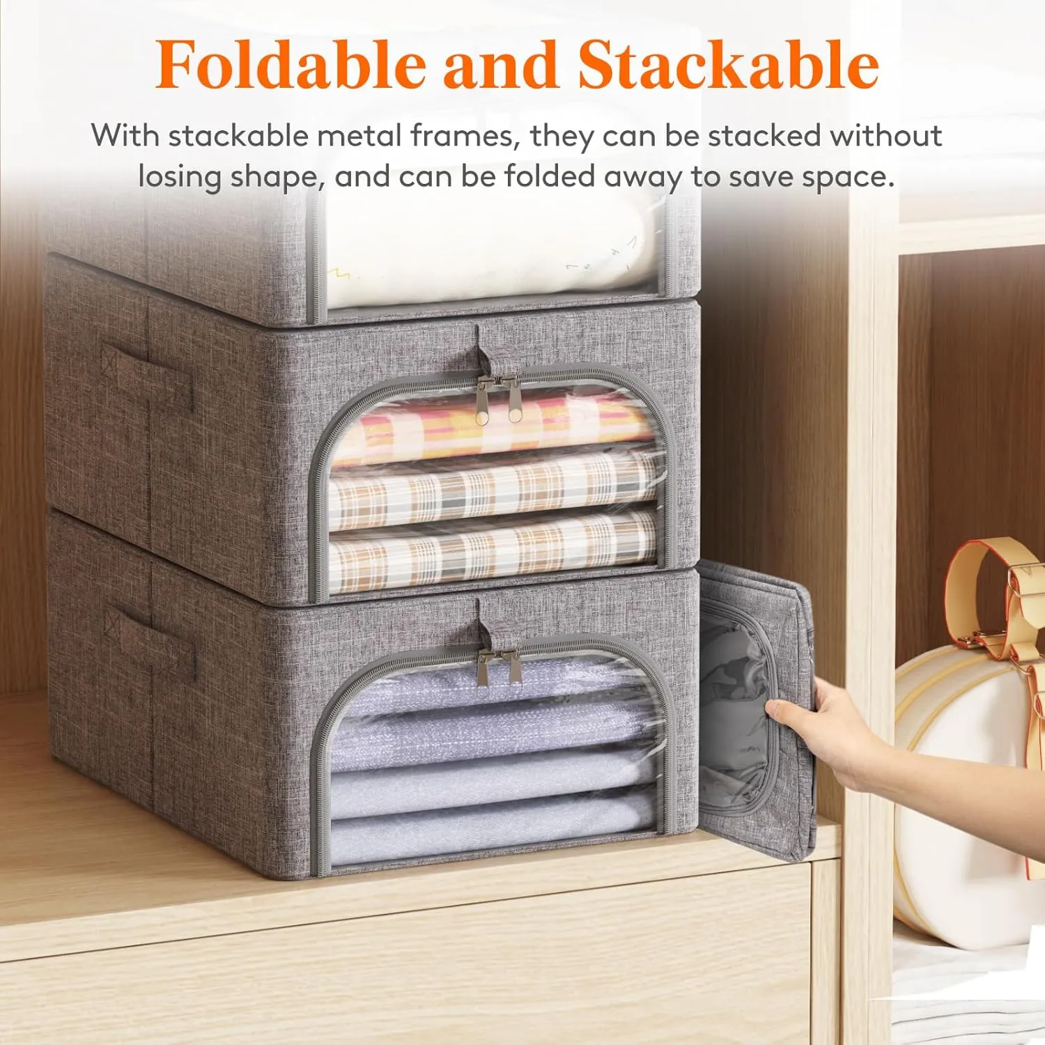 Lifewit 3 Pack Clothes Storage Bins with Metal Frame, Foldable Clothing Storage Bins with Lids, 25L Stackable Storage Box Storage Bags Fabric Bins Organizer with Clear Window＆ Zippers＆ Sturdy Handles