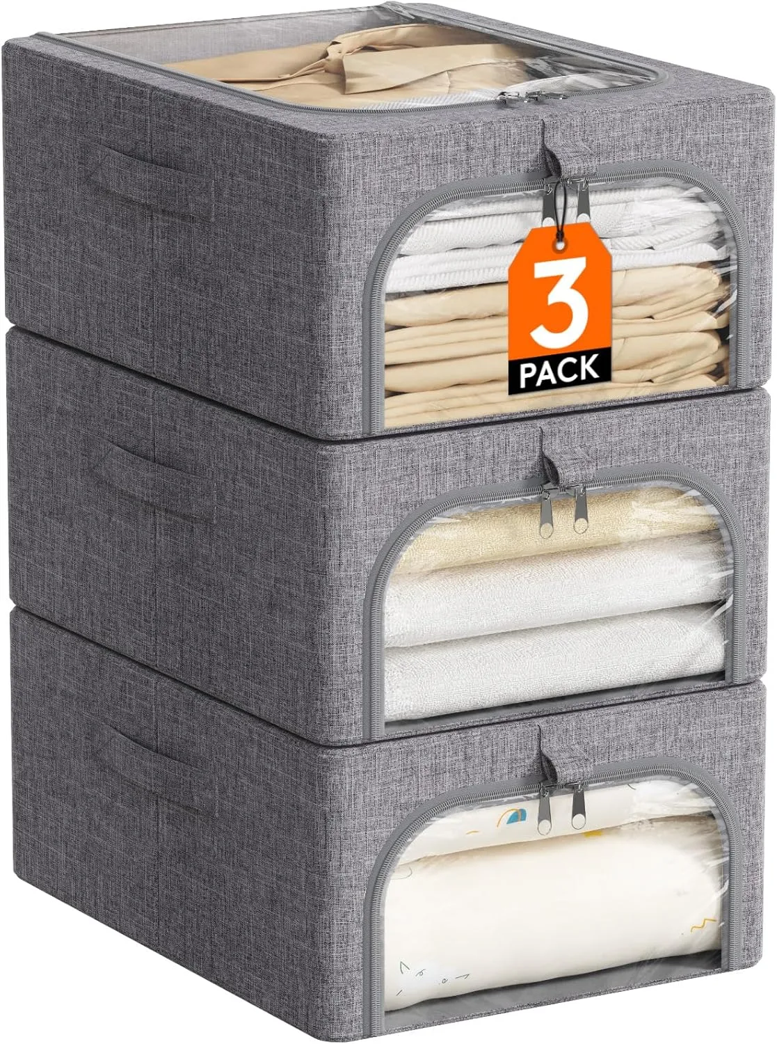 Lifewit 3 Pack Clothes Storage Bins with Metal Frame, Foldable Clothing Storage Bins with Lids, 25L Stackable Storage Box Storage Bags Fabric Bins Organizer with Clear Window＆ Zippers＆ Sturdy Handles