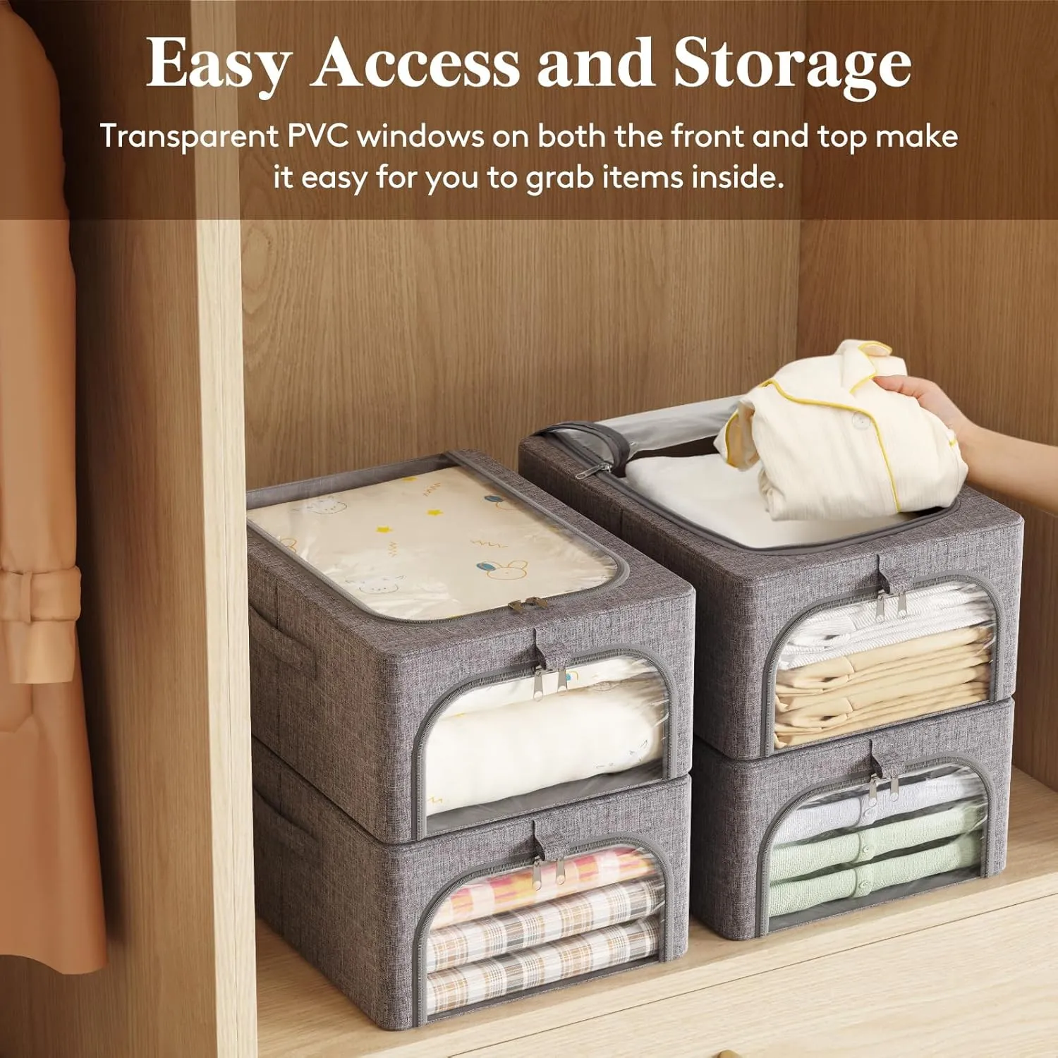 Lifewit 3 Pack Clothes Storage Bins with Metal Frame, Foldable Clothing Storage Bins with Lids, 25L Stackable Storage Box Storage Bags Fabric Bins Organizer with Clear Window＆ Zippers＆ Sturdy Handles