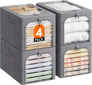 Lifewit 4 Pack Clothes Storage Bins with Metal Frame, Foldable Clothing Storage Bins with Lids, 40L Stackable Storage Box Storage Bags Fabric Bins Organizer with Clear Window＆ Zippers＆ Sturdy Handles