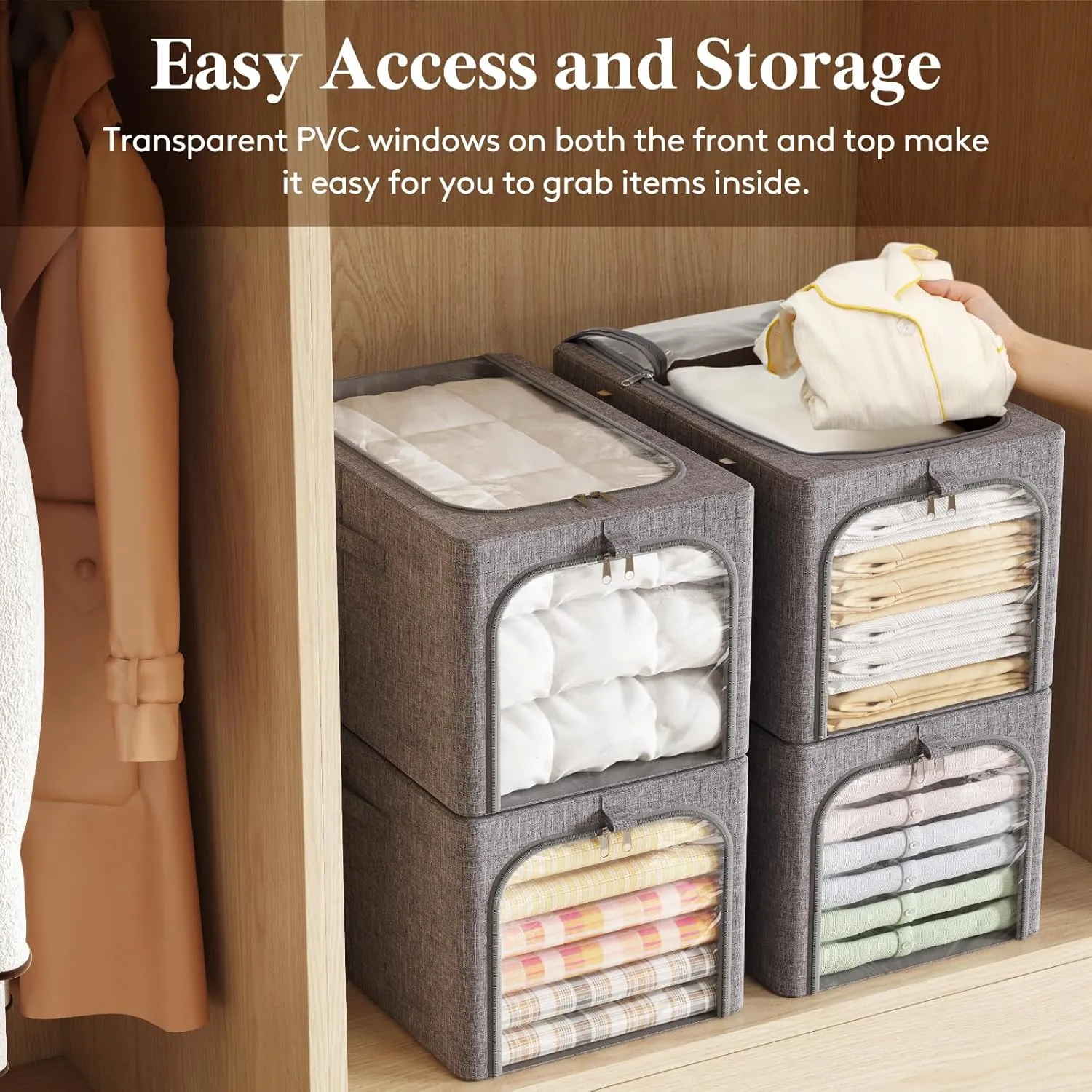 Lifewit 4 Pack Clothes Storage Bins with Metal Frame, Foldable Clothing Storage Bins with Lids, 40L Stackable Storage Box Storage Bags Fabric Bins Organizer with Clear Window＆ Zippers＆ Sturdy Handles