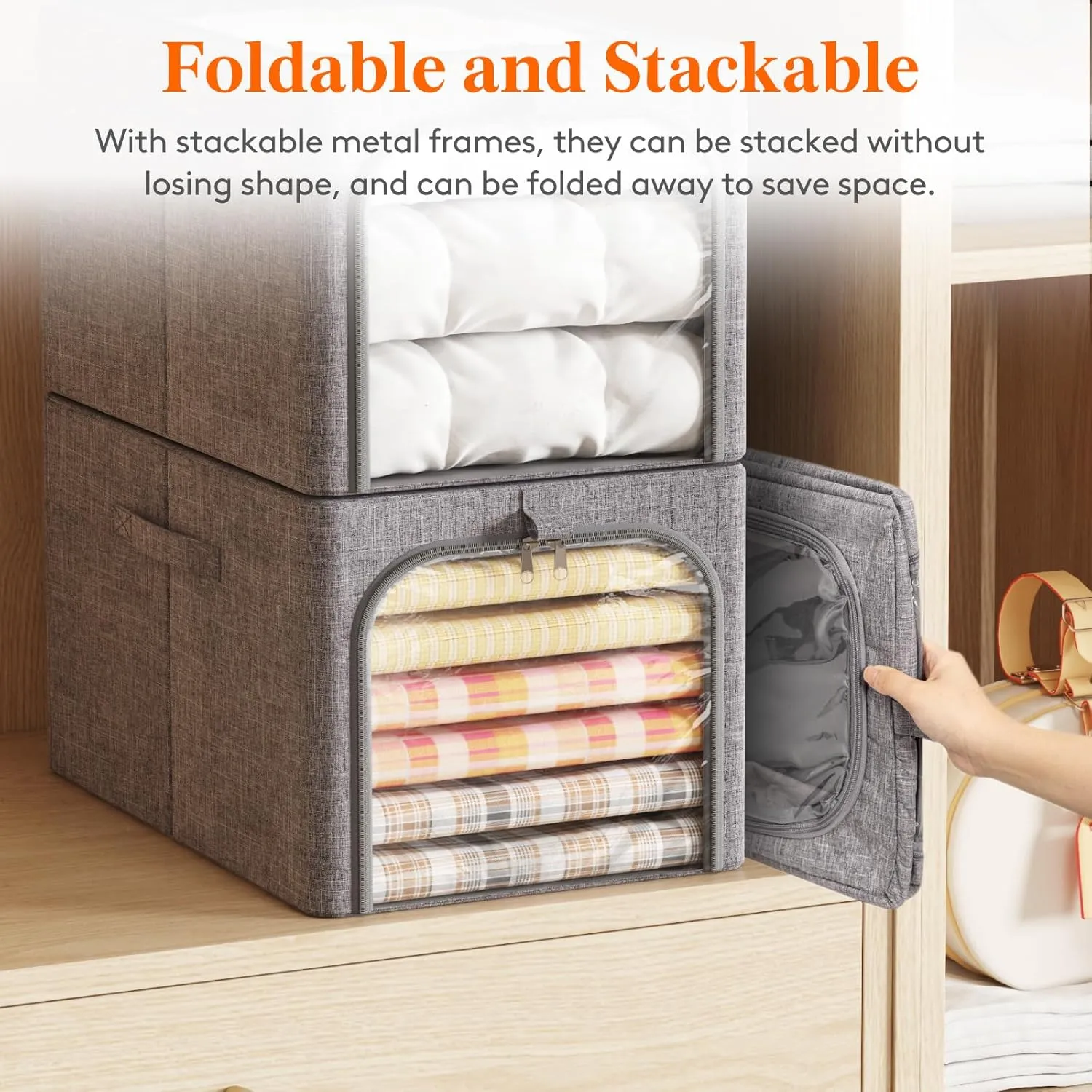 Lifewit 4 Pack Clothes Storage Bins with Metal Frame, Foldable Clothing Storage Bins with Lids, 40L Stackable Storage Box Storage Bags Fabric Bins Organizer with Clear Window＆ Zippers＆ Sturdy Handles
