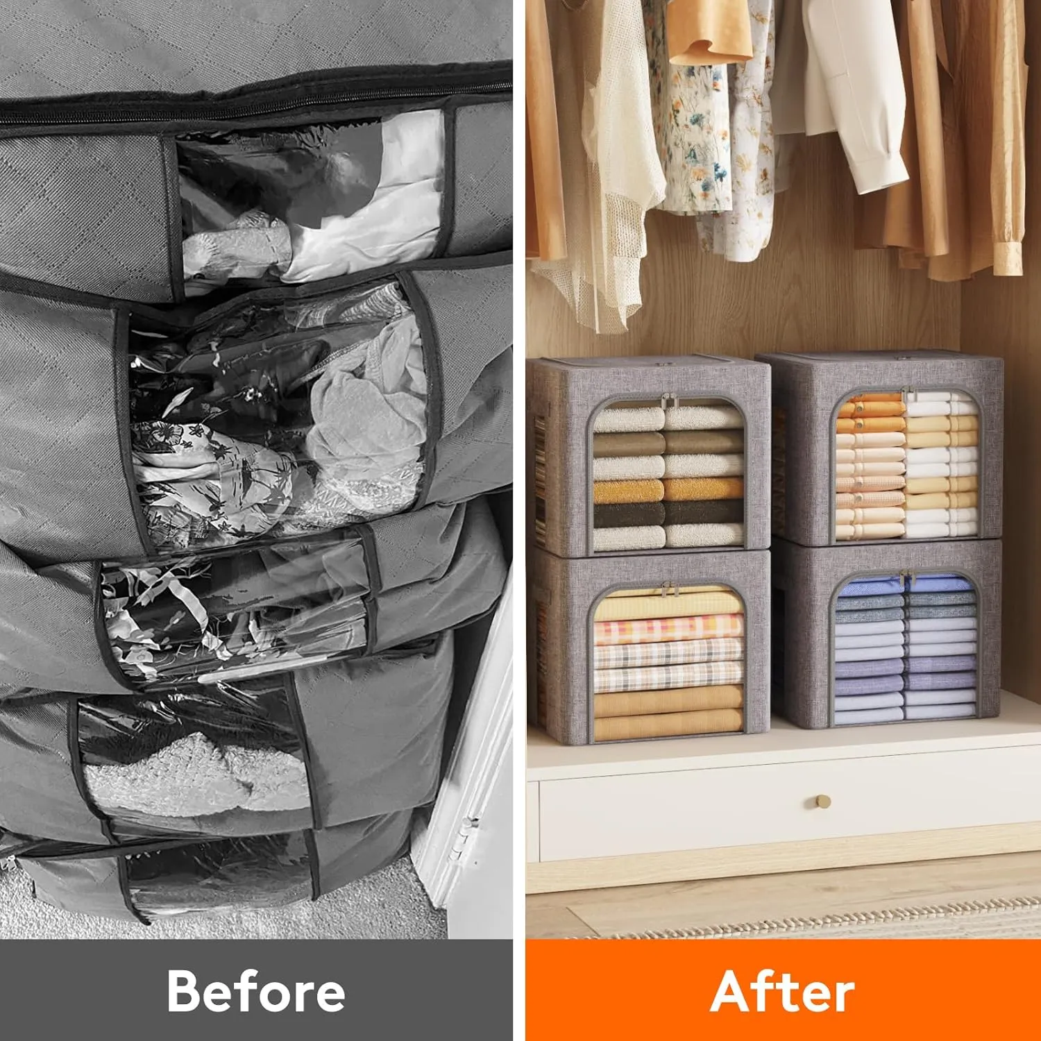 Lifewit Clothes Storage Bins with Metal Frame, Stackable Storage Box, Foldable Clothing Storage Bins with Lids, 40L Storage Bags Fabric Box Organizer with Clear Window＆ Zippers＆ Sturdy Handles 4 Pack