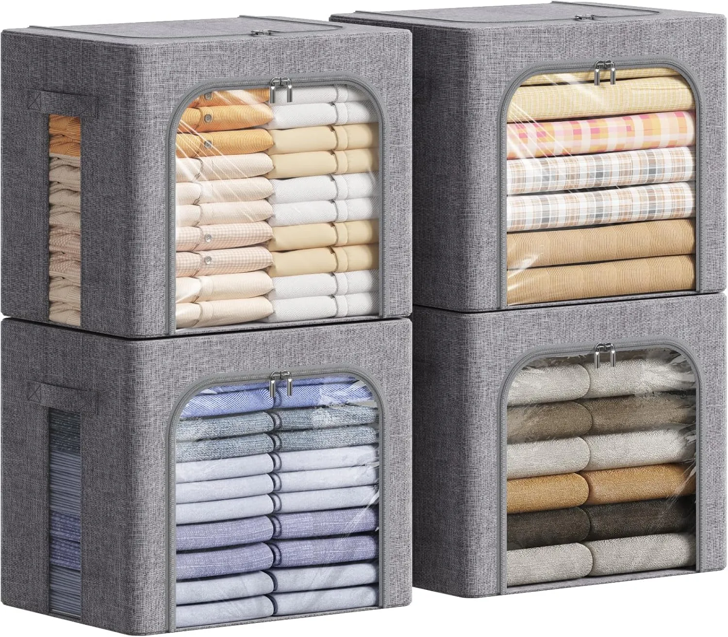 Lifewit Clothes Storage Bins with Metal Frame, Stackable Storage Box, Foldable Clothing Storage Bins with Lids, 40L Storage Bags Fabric Box Organizer with Clear Window＆ Zippers＆ Sturdy Handles 4 Pack