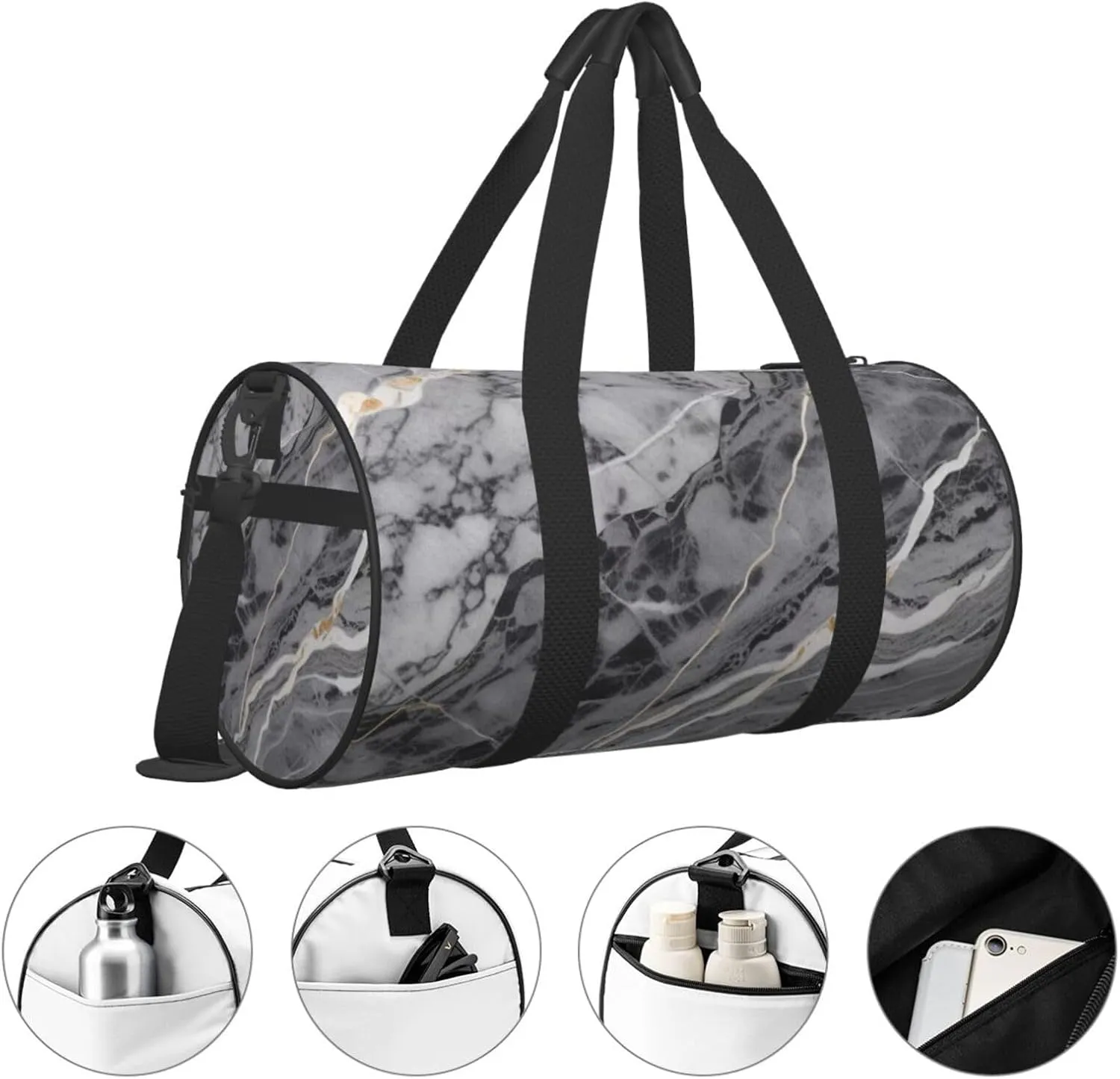 Light black marble Printed Travel Bag,Round Personal Item Storage bag,Foldie Duffel Bag for Traveling Vacation,Fitness,Sports