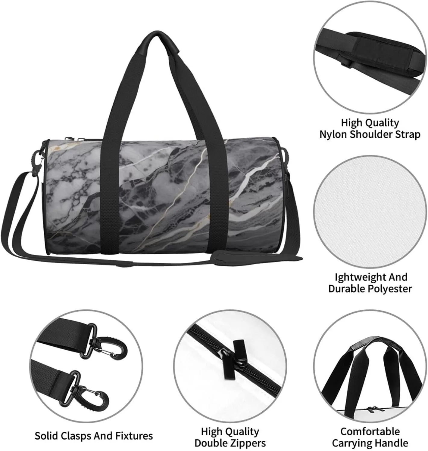 Light black marble Printed Travel Bag,Round Personal Item Storage bag,Foldie Duffel Bag for Traveling Vacation,Fitness,Sports