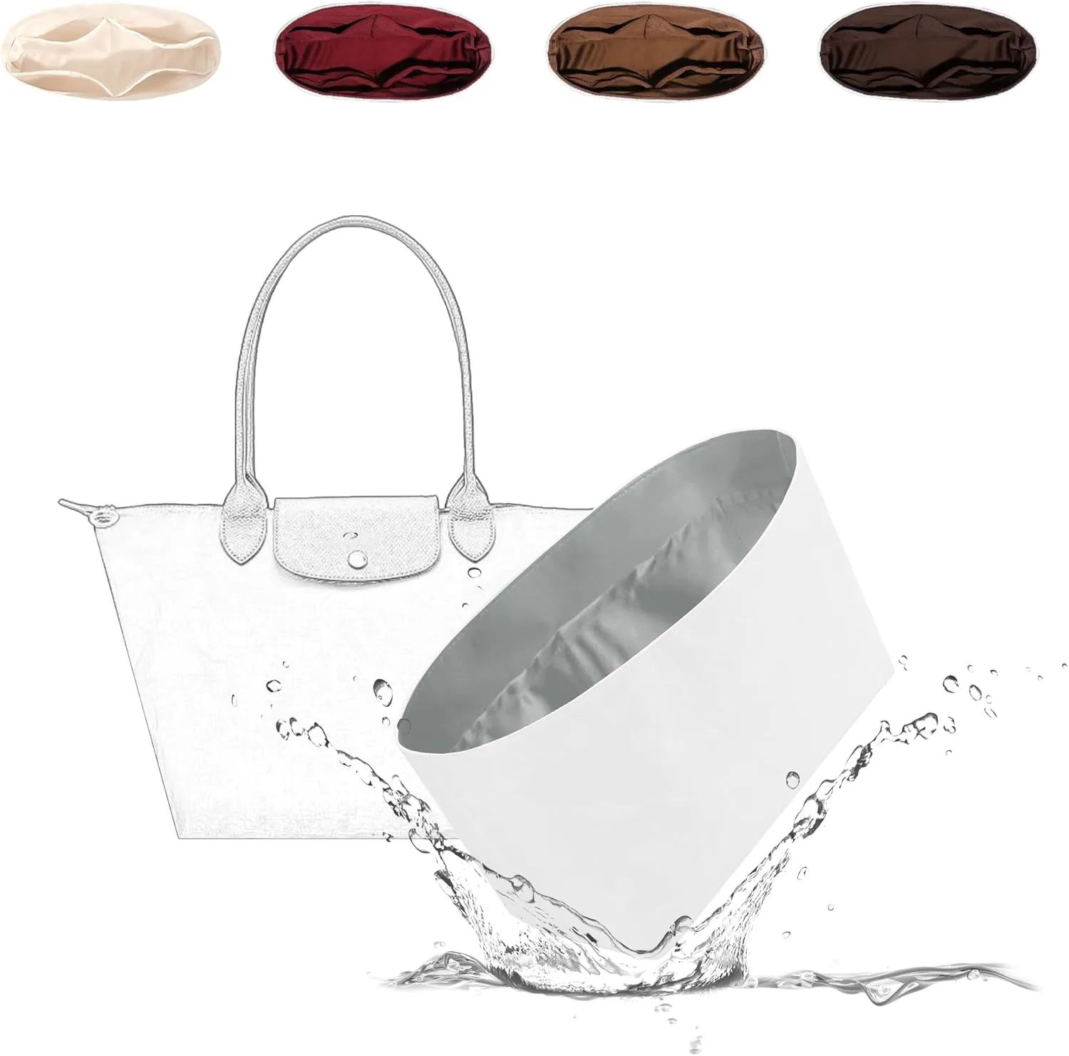Lightweight Purse Insert Compatible with Long-champ Le Pliage Large Shoulder Bag (Long Handle), Waterproof Dupontpaper Surface and Silky Satin Lining (Large Shoulder Bag, Peral Grey)