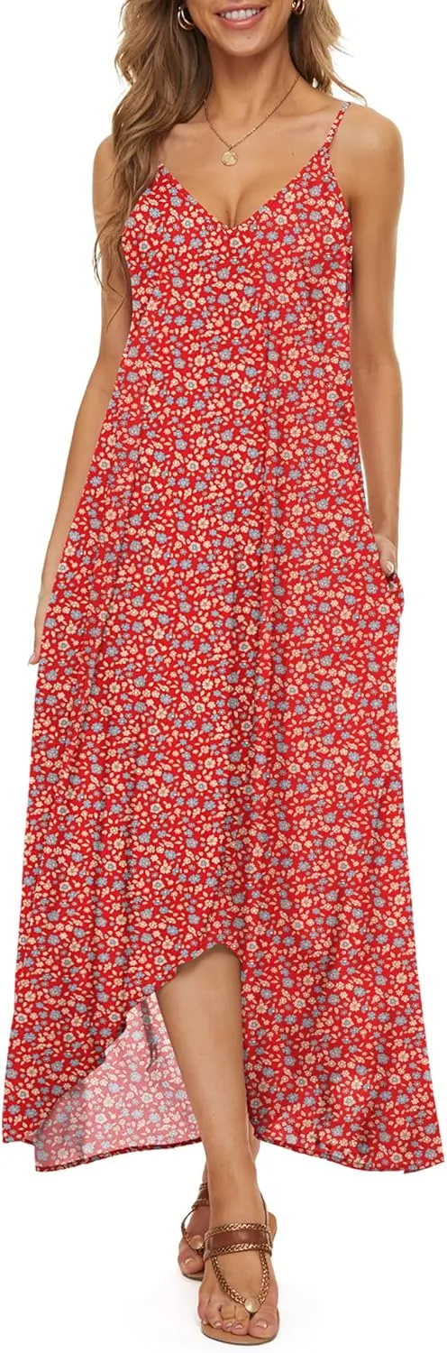 LILBETTER Women V-Neck Polka Dot Print Spaghetti Strap Boho Long Maxi Dresses