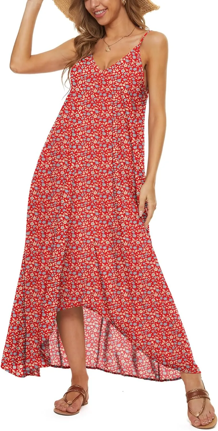 LILBETTER Women V-Neck Polka Dot Print Spaghetti Strap Boho Long Maxi Dresses