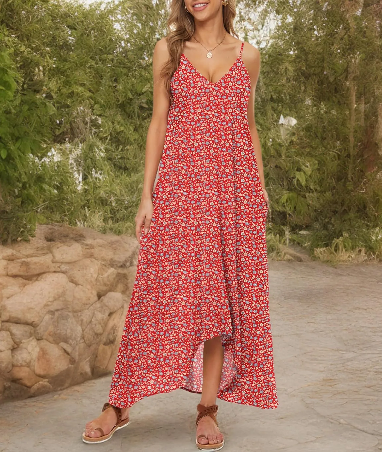 LILBETTER Women V-Neck Polka Dot Print Spaghetti Strap Boho Long Maxi Dresses