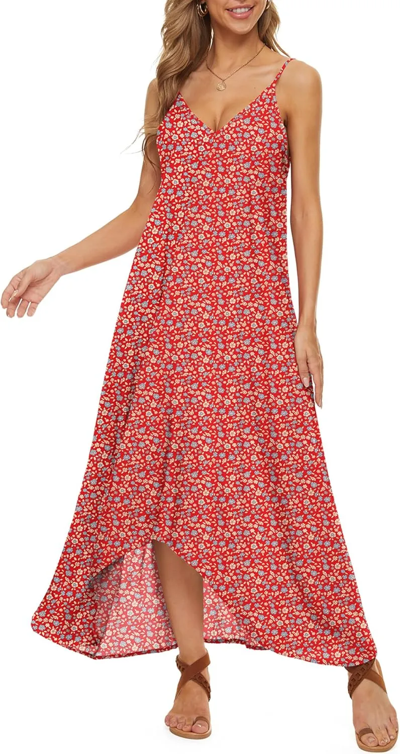 LILBETTER Women V-Neck Polka Dot Print Spaghetti Strap Boho Long Maxi Dresses