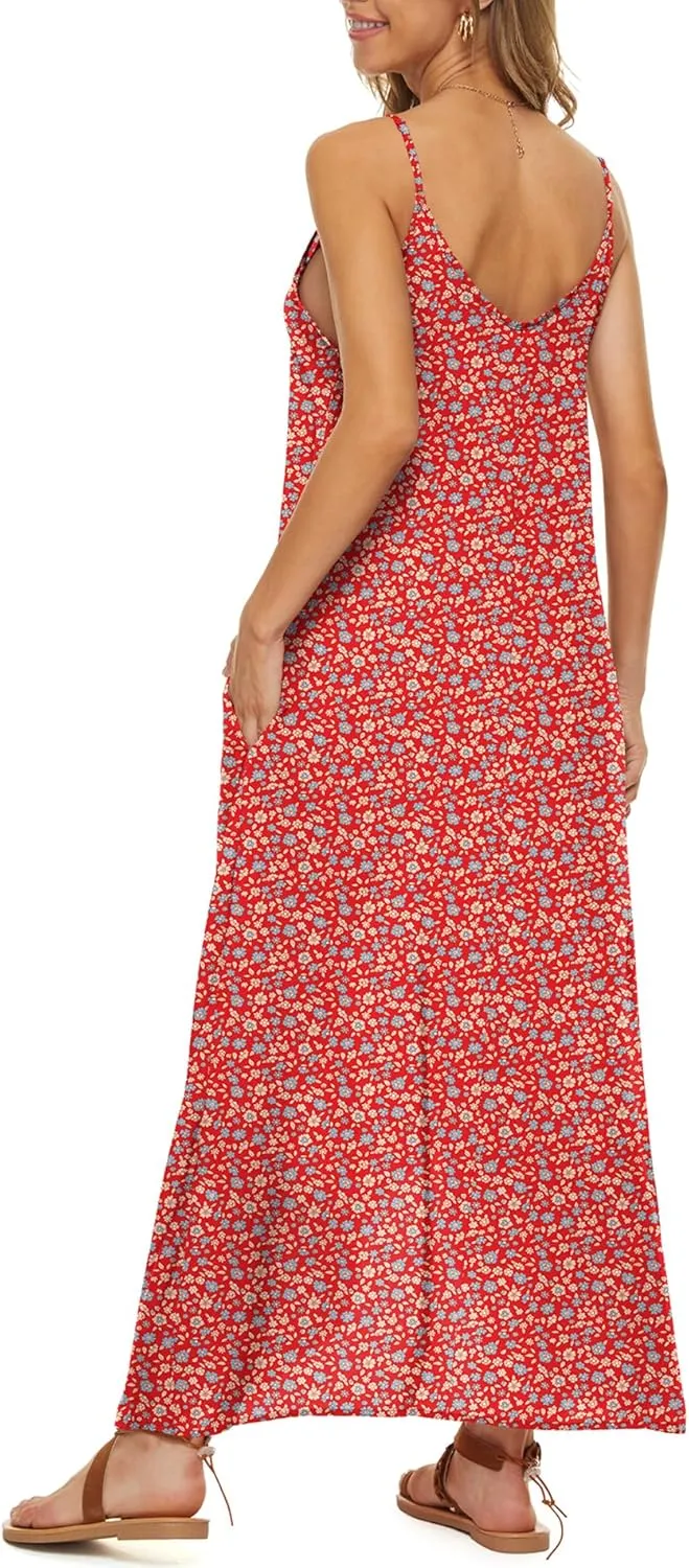 LILBETTER Women V-Neck Polka Dot Print Spaghetti Strap Boho Long Maxi Dresses