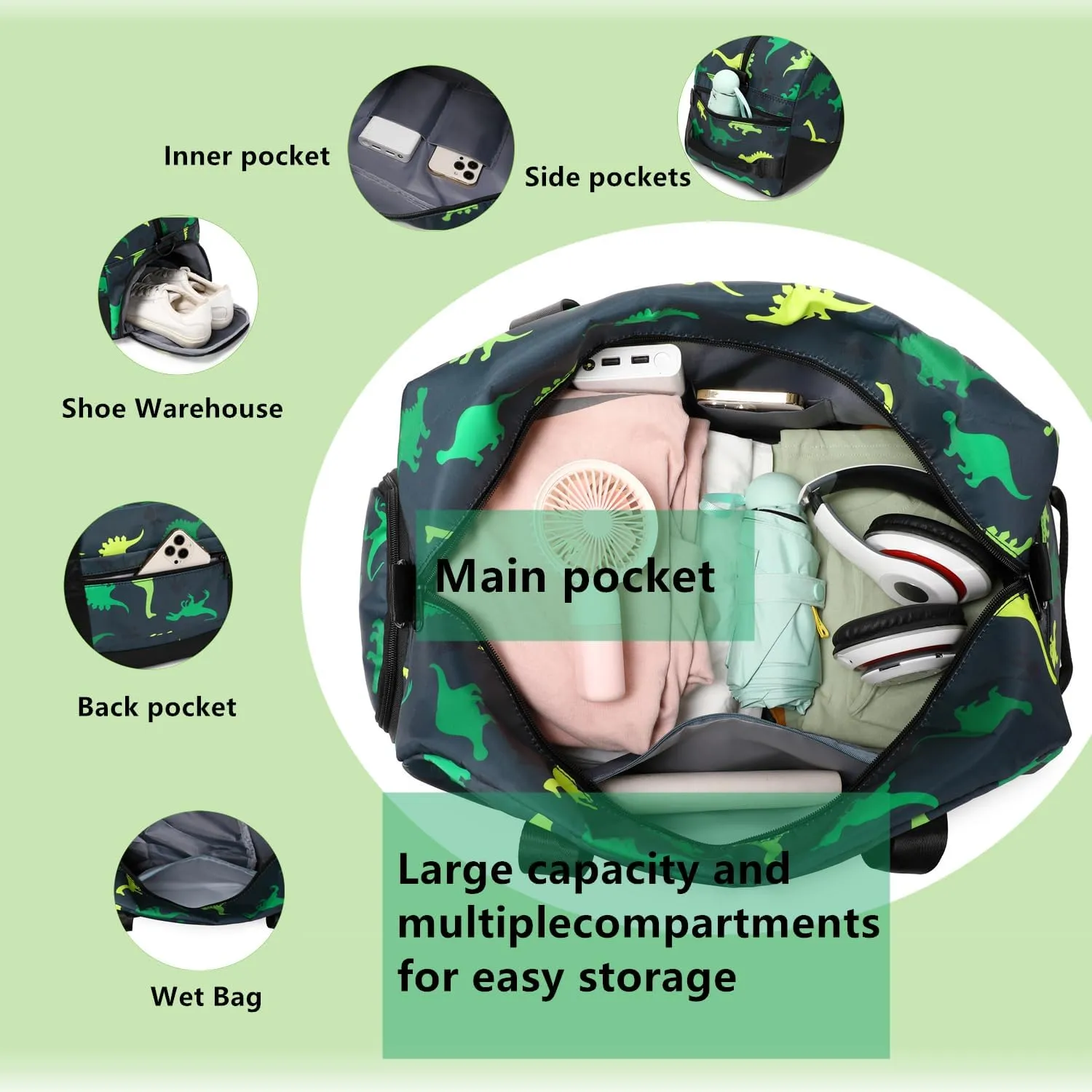 Lmwzh Kids Duffle Bag For Boys Perfect For Early Elementary Overnight Travel Bag With Shoes Compartment Dry And Wet Pocket Carry On Weekender Bag (Dinosaur)