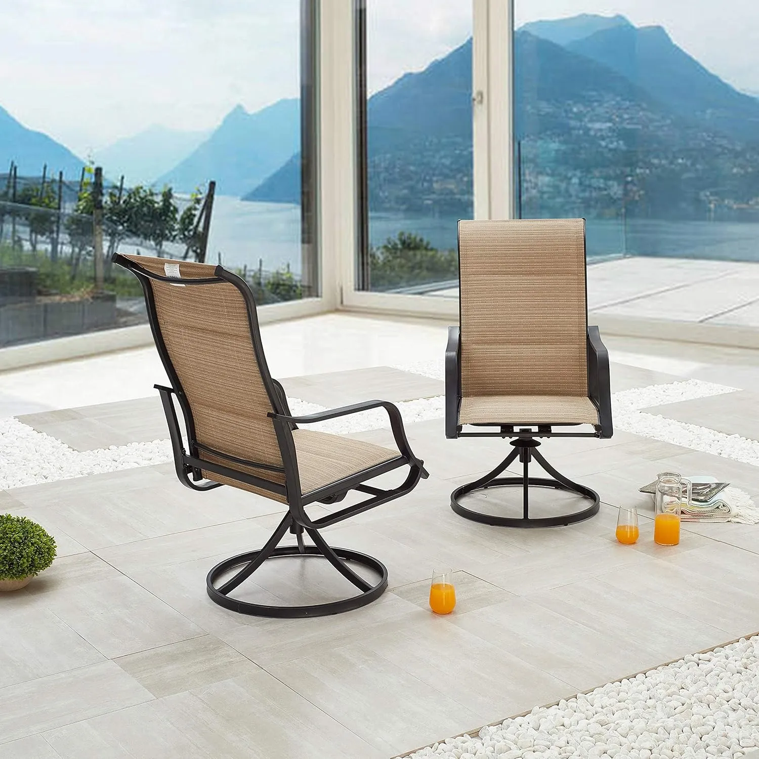 LOKATSE HOME Outdoor Patio Dining Chair Swivel Sling Rocker Set with Steel Metal Frame (Set of 2), Beige