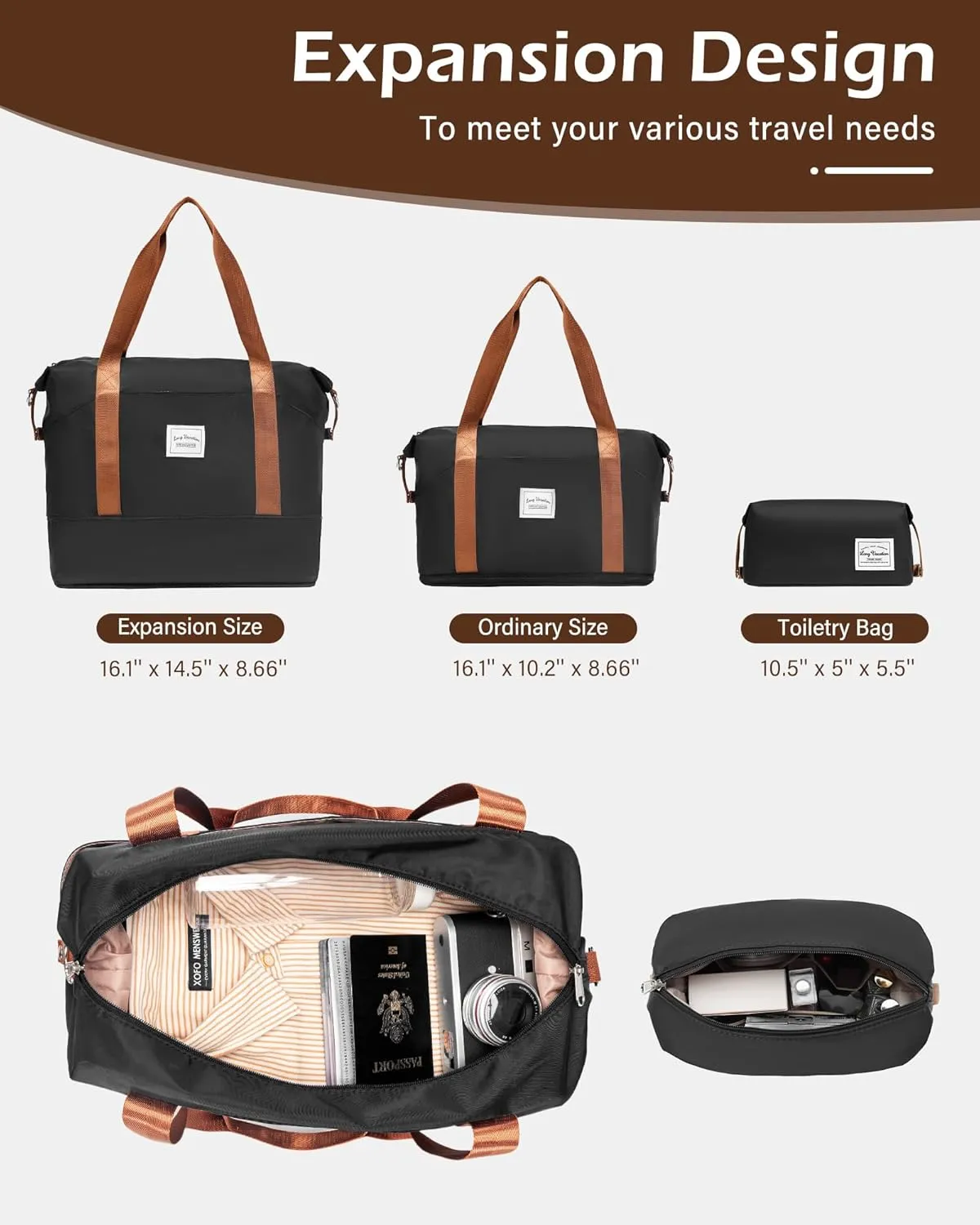 LONG VACATION 3 Piece Luggage Set 20 IN Carry on Suitcase ABS PC Handshell Luggage with Spinner Wheels & YKK Zipper TSA Lock (BLACK-BROWN, 20-Inch)
