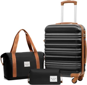 LONG VACATION 3 Piece Luggage Set 20 IN Carry on Suitcase ABS PC Handshell Luggage with Spinner Wheels & YKK Zipper TSA Lock (BLACK-BROWN, 20-Inch)