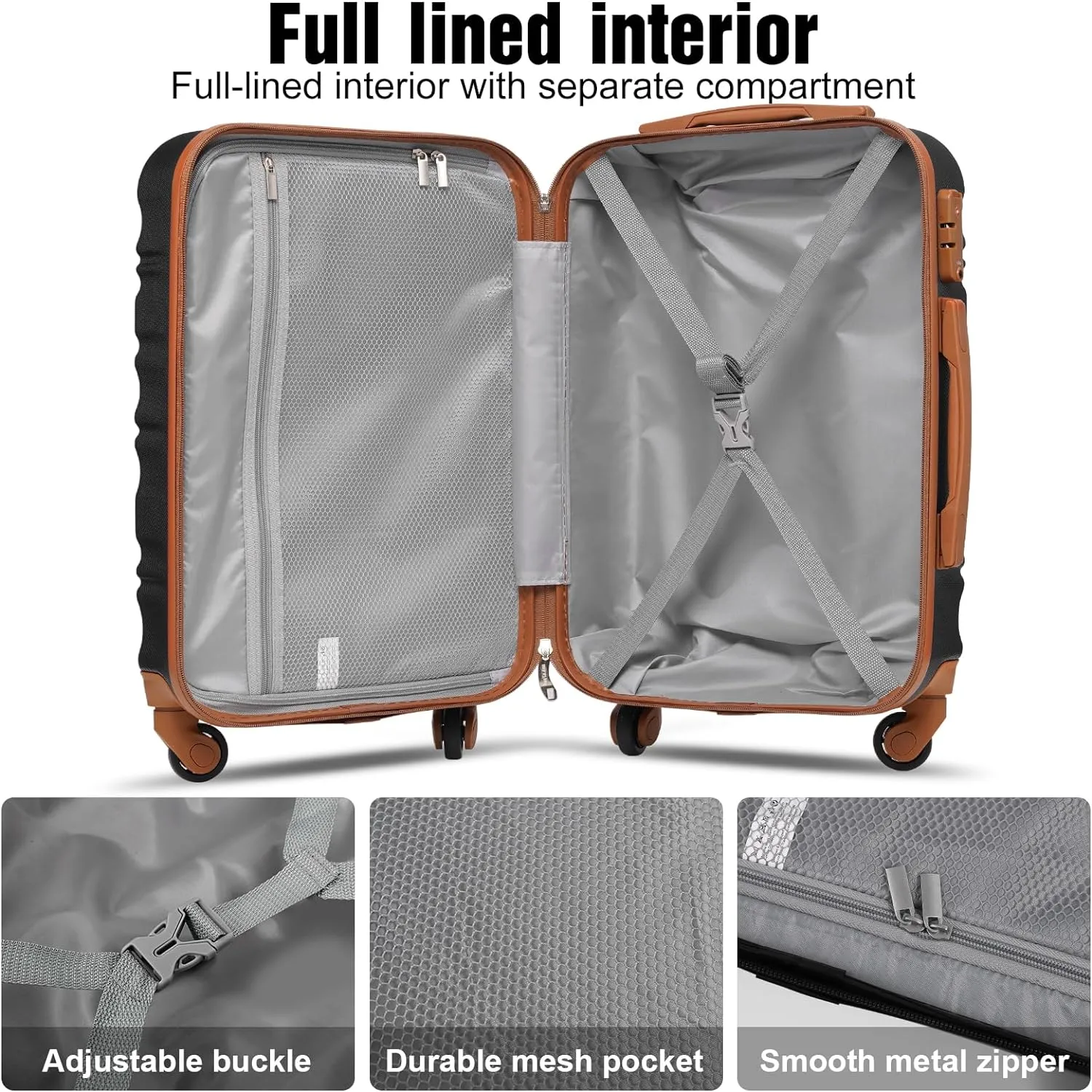 LONG VACATION 3 Piece Luggage Set 20 IN Carry on Suitcase ABS PC Handshell Luggage with Spinner Wheels & YKK Zipper TSA Lock (BLACK-BROWN, 20-Inch)