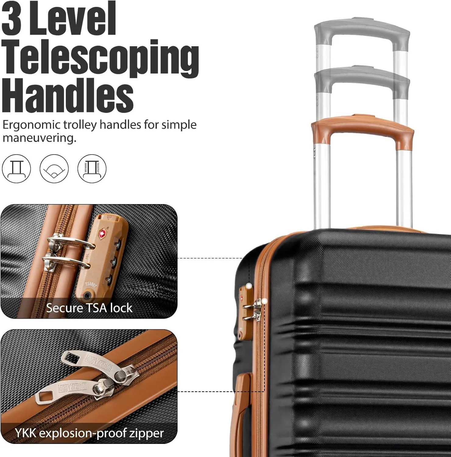 LONG VACATION 3 Piece Luggage Set 20 IN Carry on Suitcase ABS PC Handshell Luggage with Spinner Wheels & YKK Zipper TSA Lock (BLACK-BROWN, 20-Inch)