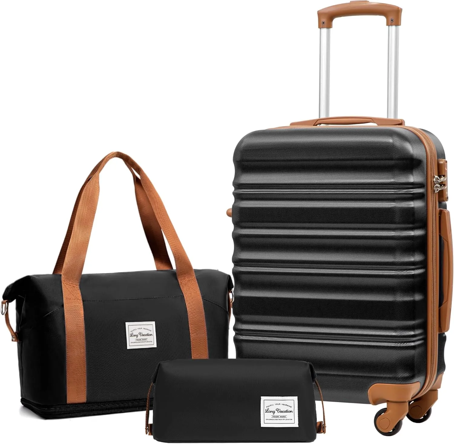 LONG VACATION 3 Piece Luggage Set 20 IN Carry on Suitcase ABS PC Handshell Luggage with Spinner Wheels & YKK Zipper TSA Lock (BLACK-BROWN, 20-Inch)