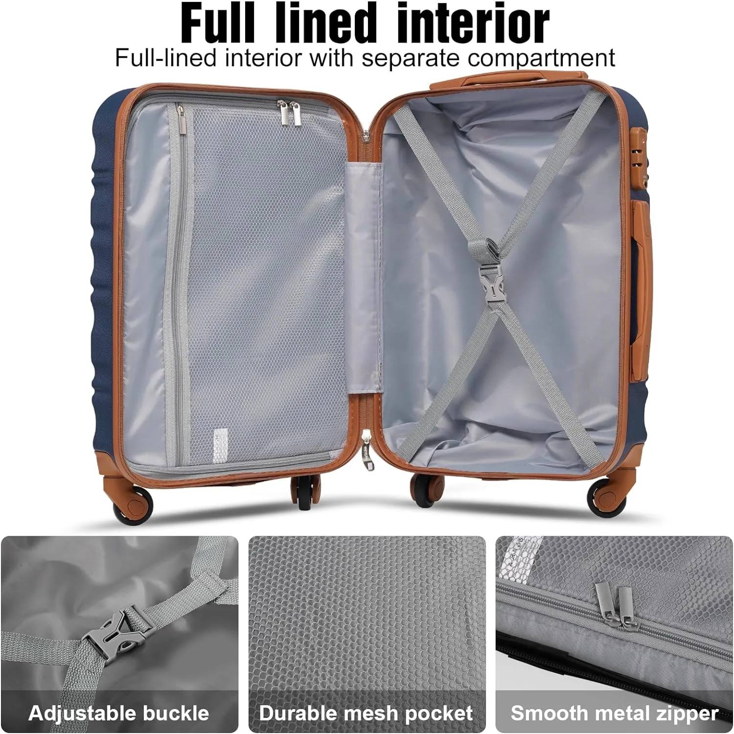 LONG VACATION 3 Piece Luggage Set 20 IN Carry on Suitcase ABS PC Handshell Luggage with Spinner Wheels & YKK Zipper TSA Lock (NAVY, 20-Inch)