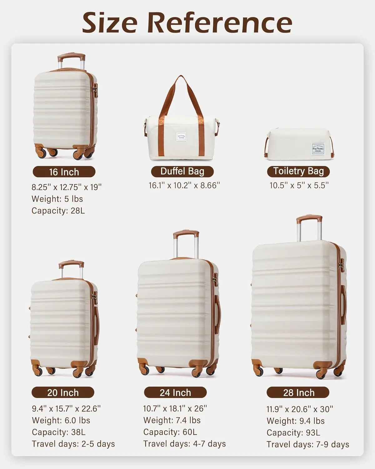 LONG VACATION 3 Piece Luggage Set 20 IN Carry on Suitcase ABS PC Handshell Luggage with Spinner Wheels & YKK Zipper TSA Lock (WHITE-BROWN, 20-Inch)