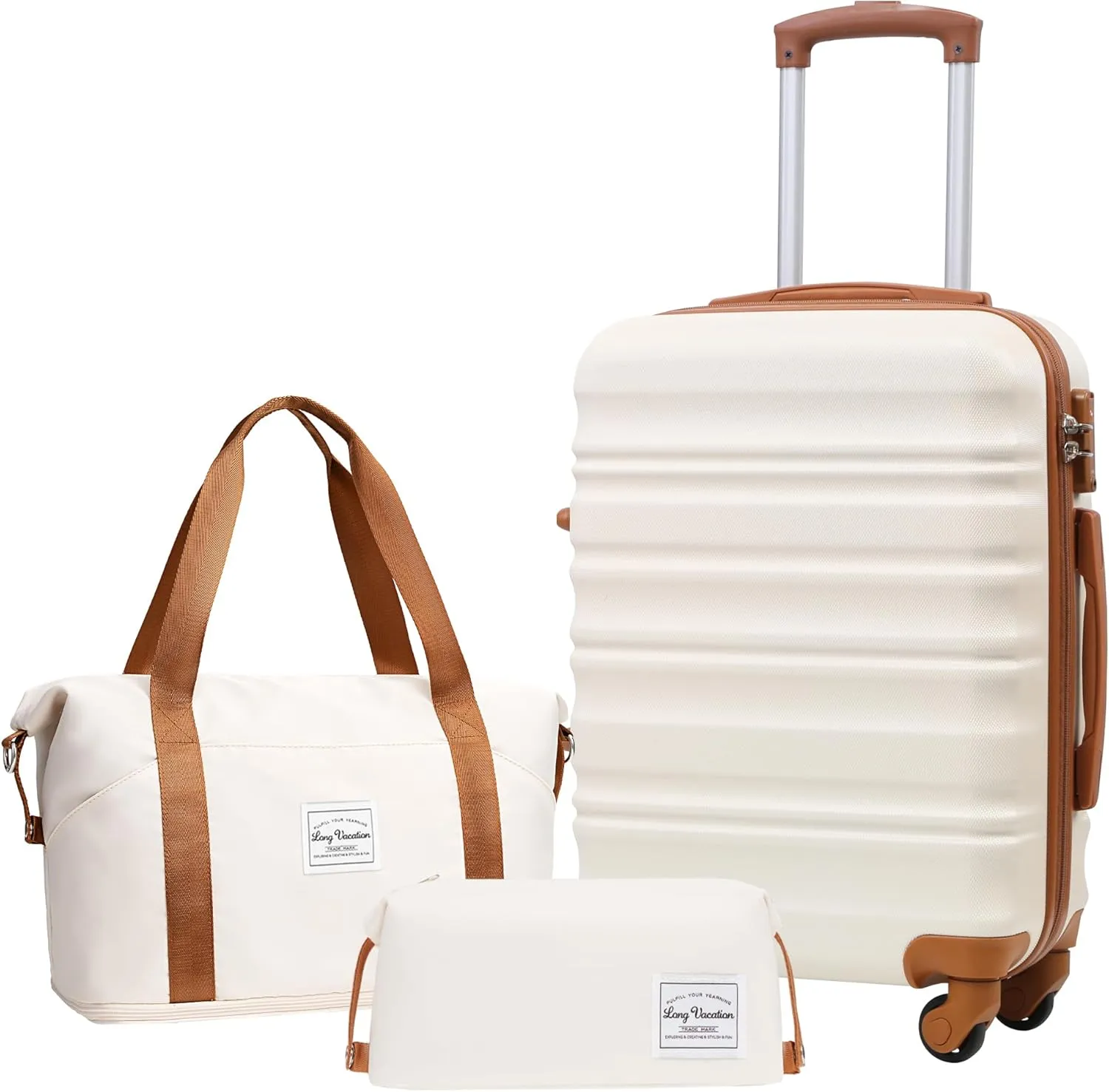 LONG VACATION 3 Piece Luggage Set 20 IN Carry on Suitcase ABS PC Handshell Luggage with Spinner Wheels & YKK Zipper TSA Lock (WHITE-BROWN, 20-Inch)