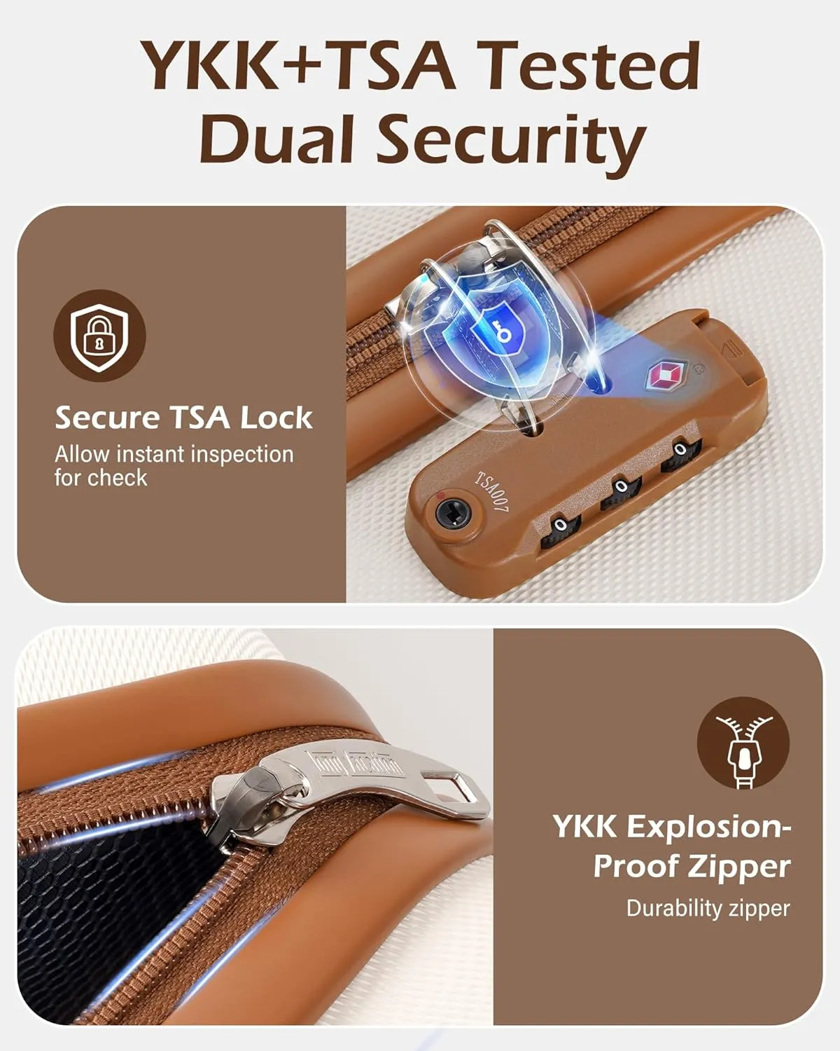 LONG VACATION 3 Piece Luggage Set 20 IN Carry on Suitcase ABS PC Handshell Luggage with Spinner Wheels & YKK Zipper TSA Lock (WHITE-BROWN, 20-Inch)