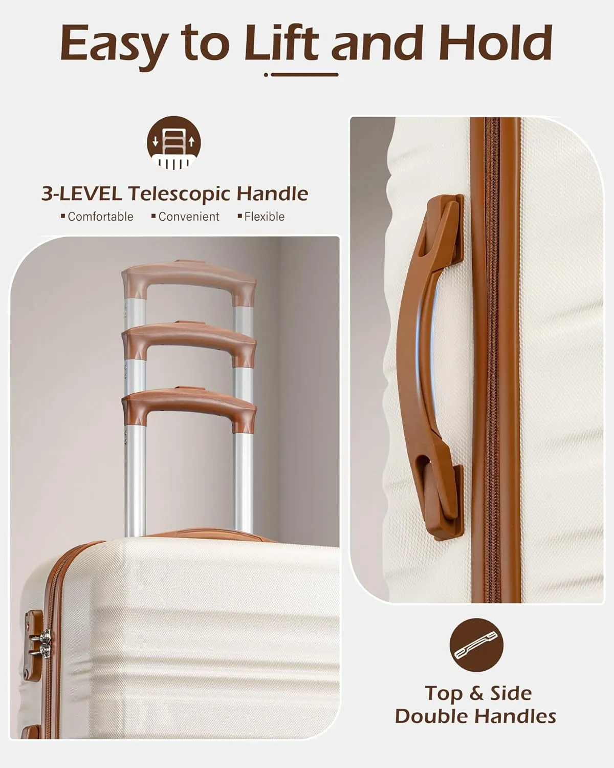 LONG VACATION 3 Piece Luggage Set 20 IN Carry on Suitcase ABS PC Handshell Luggage with Spinner Wheels & YKK Zipper TSA Lock (WHITE-BROWN, 20-Inch)
