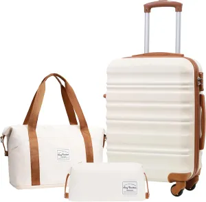 LONG VACATION 3 Piece Luggage Set 20 IN Carry on Suitcase ABS PC Handshell Luggage with Spinner Wheels & YKK Zipper TSA Lock (WHITE-BROWN, 20-Inch)