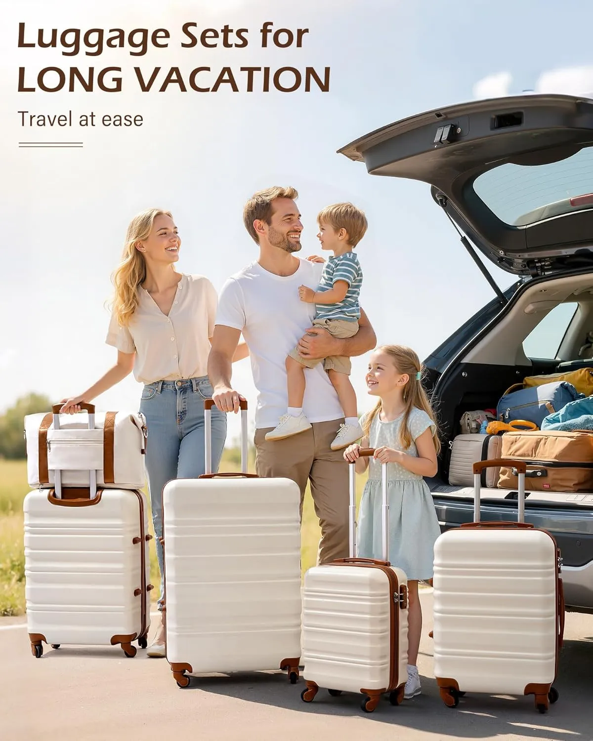 LONG VACATION 3 Piece Luggage Set 20 IN Carry on Suitcase ABS PC Handshell Luggage with Spinner Wheels & YKK Zipper TSA Lock (WHITE-BROWN, 20-Inch)