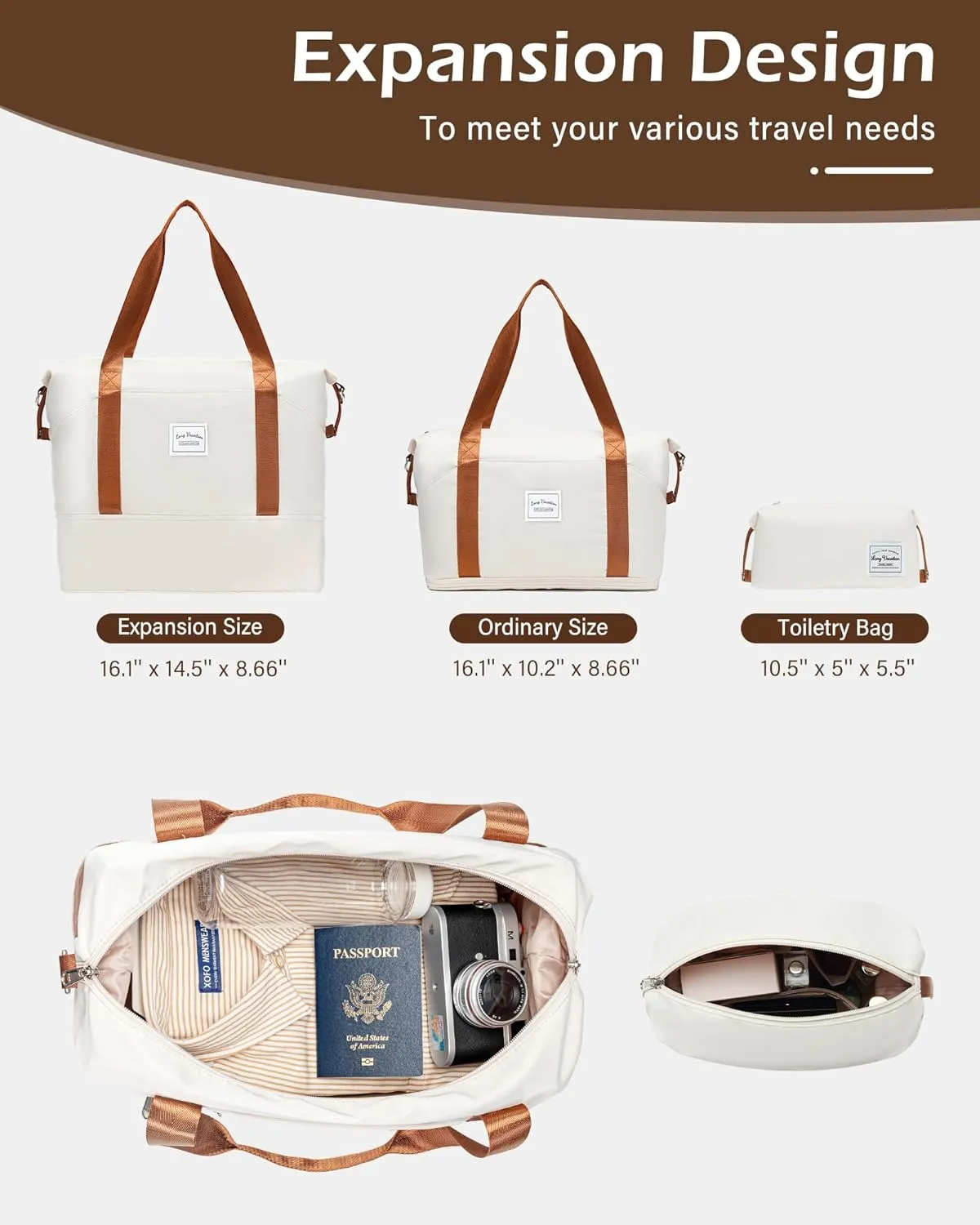 LONG VACATION 3 Piece Luggage Set 20 IN Carry on Suitcase ABS PC Handshell Luggage with Spinner Wheels & YKK Zipper TSA Lock (WHITE-BROWN, 20-Inch)