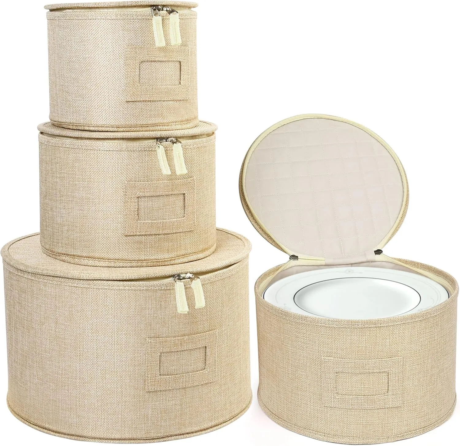 LotFancy China Storage Containers, Hard Shell, 4PCS Set, Dish Storage Box for Moving, Stackable Dinnerware Plate Organizer Bins with 48 Felt Dividers, Grey