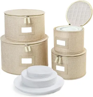 LotFancy China Storage Containers, Hard Shell, 4PCS Set, Dish Storage Box for Moving, Stackable Dinnerware Plate Organizer Bins with 48 Felt Dividers, Grey