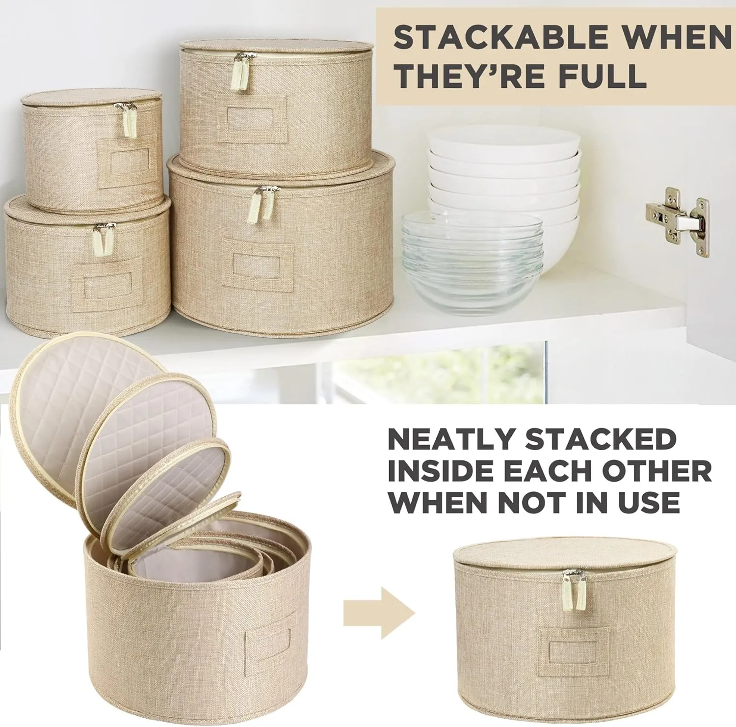 LotFancy China Storage Containers, Hard Shell, 4PCS Set, Dish Storage Box for Moving, Stackable Dinnerware Plate Organizer Bins with 48 Felt Dividers, Grey