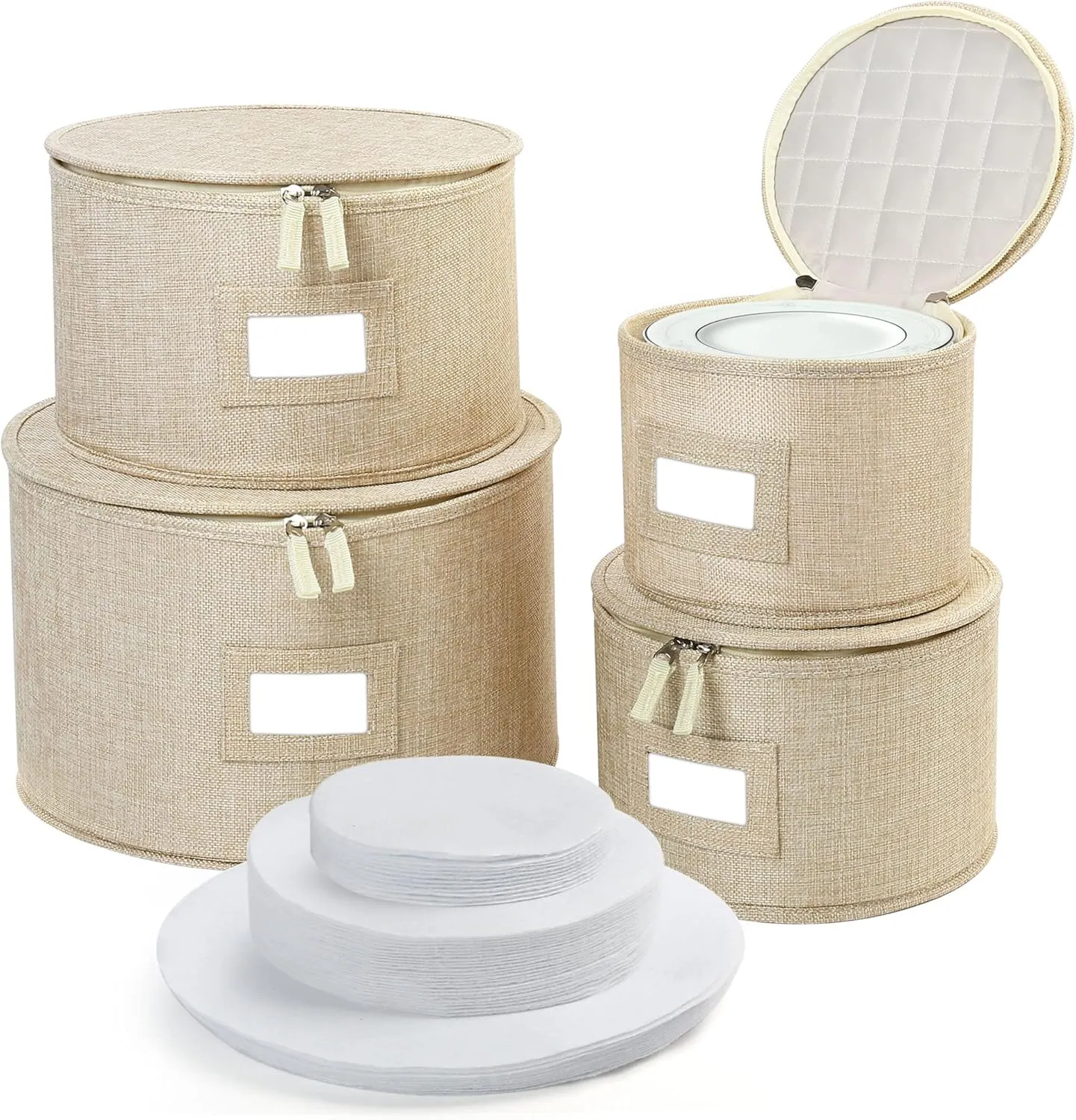 LotFancy China Storage Containers, Hard Shell, 4PCS Set, Dish Storage Box for Moving, Stackable Dinnerware Plate Organizer Bins with 48 Felt Dividers, Grey