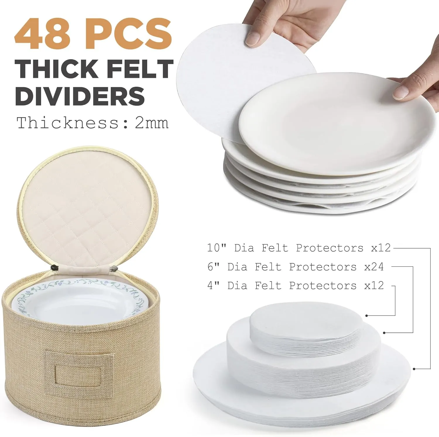 LotFancy China Storage Containers, Hard Shell, 4PCS Set, Dish Storage Box for Moving, Stackable Dinnerware Plate Organizer Bins with 48 Felt Dividers, Grey