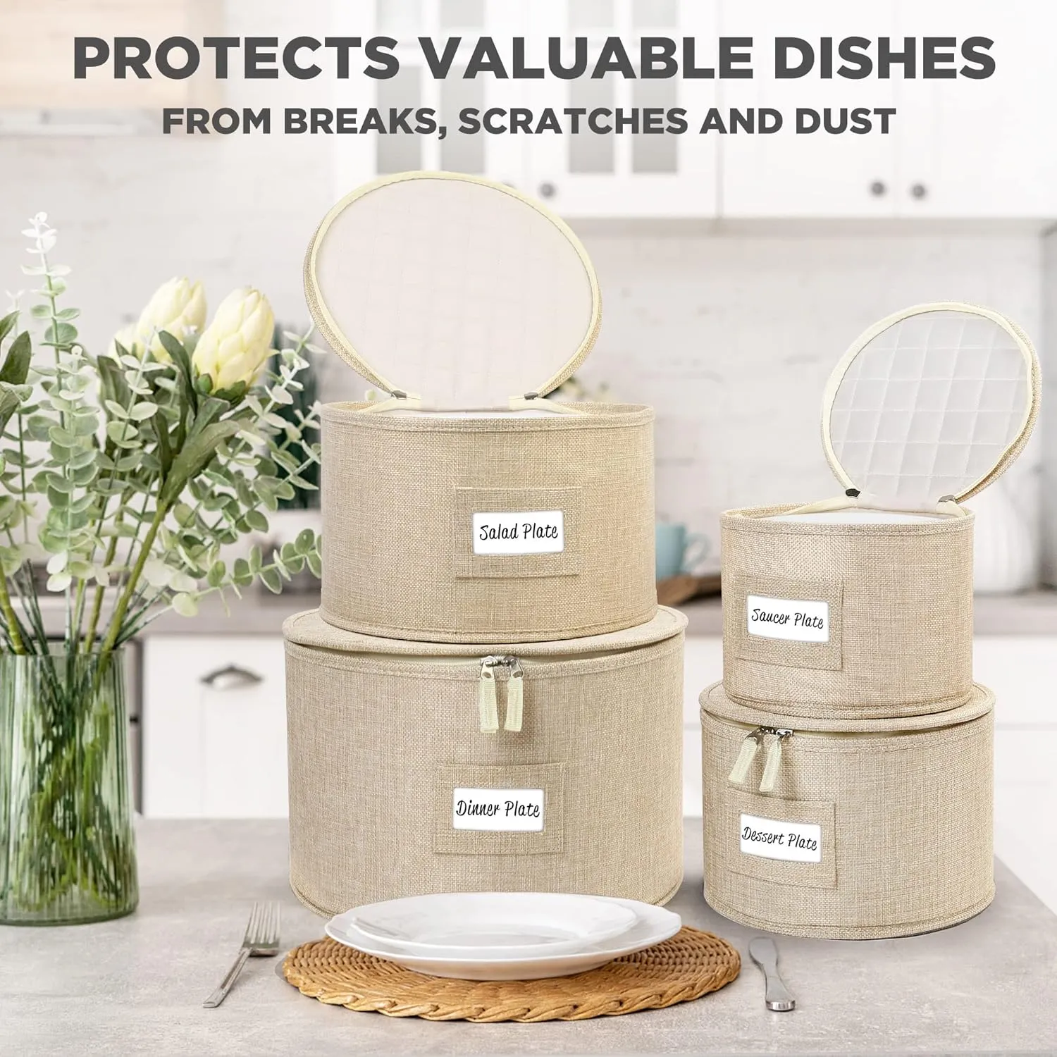 LotFancy China Storage Containers, Hard Shell, 4PCS Set, Dish Storage Box for Moving, Stackable Dinnerware Plate Organizer Bins with 48 Felt Dividers, Grey
