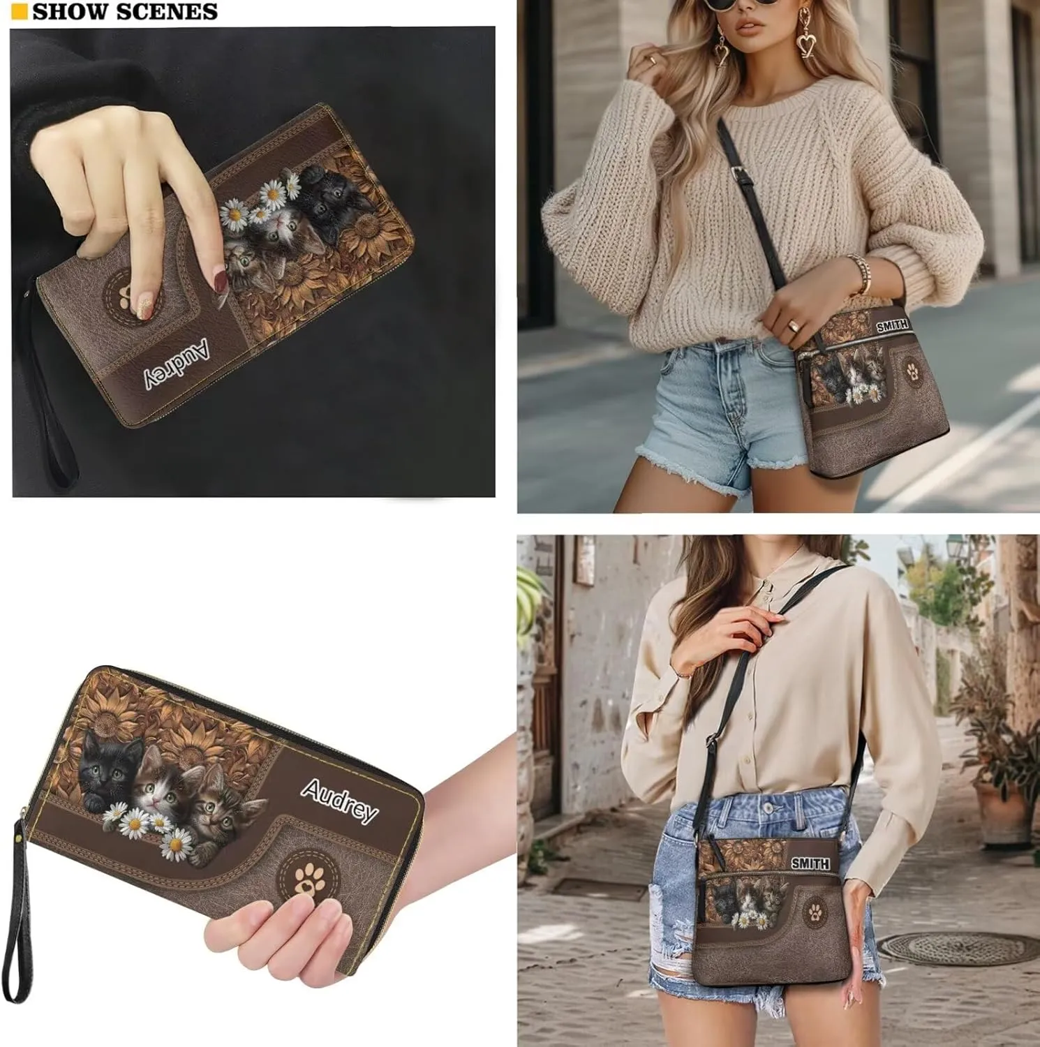 Lotusorchid Custom Crossbody Purse and Wallet Set Personalized Leather Shoulder Purse with Name Hobo Bag with Multi Pocket
