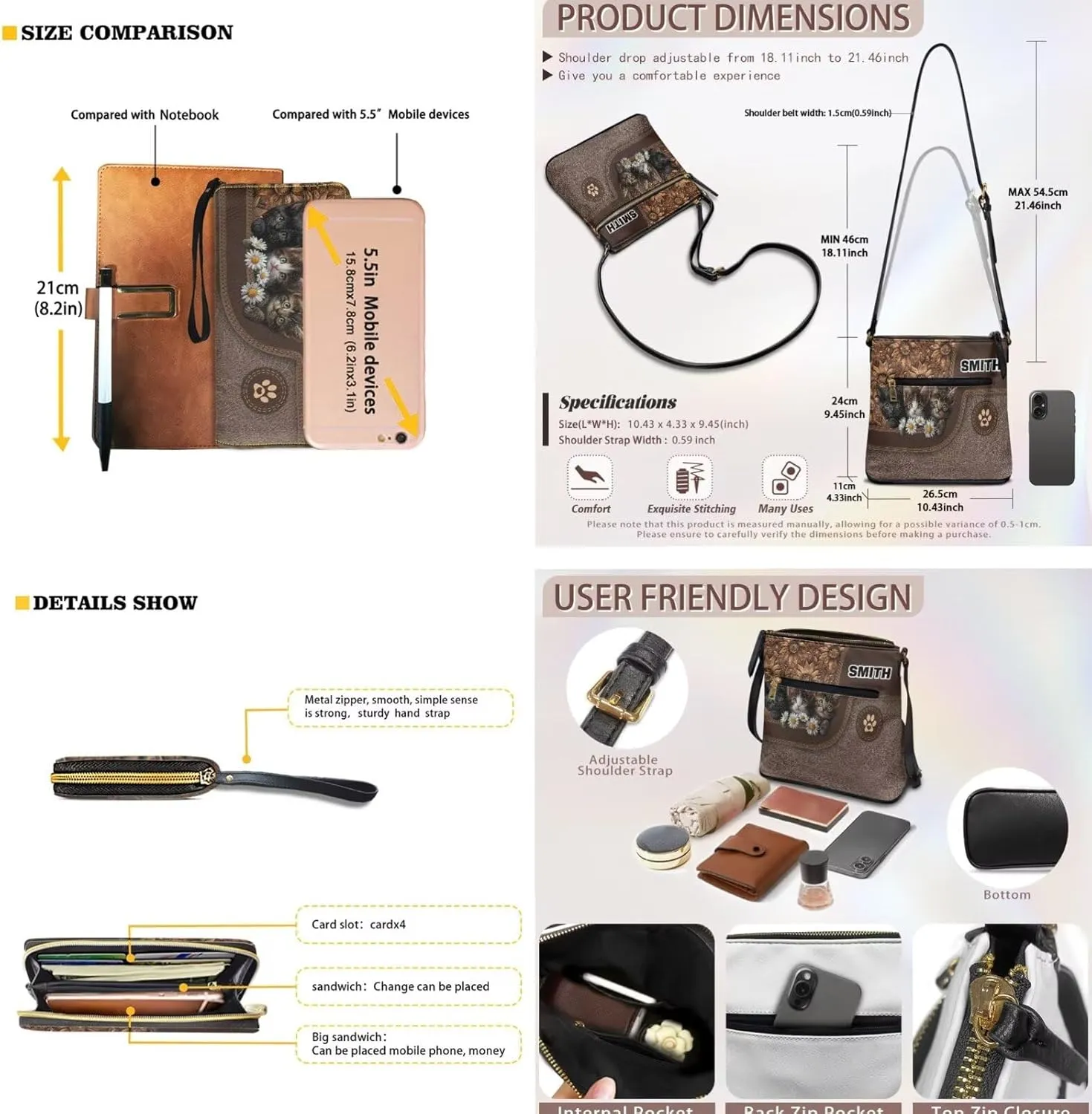 Lotusorchid Custom Crossbody Purse and Wallet Set Personalized Leather Shoulder Purse with Name Hobo Bag with Multi Pocket