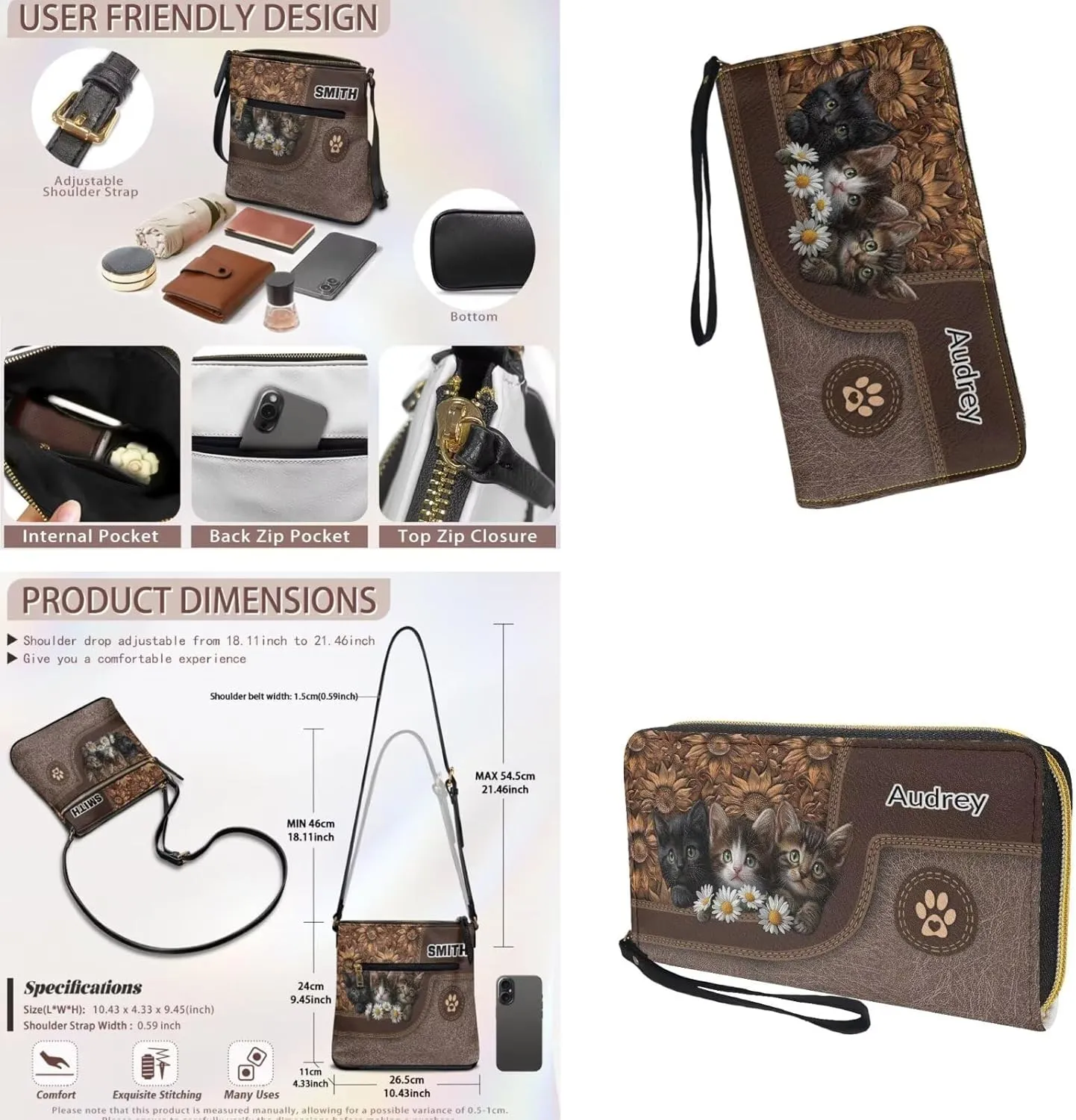 Lotusorchid Custom Crossbody Purse and Wallet Set Personalized Leather Shoulder Purse with Name Hobo Bag with Multi Pocket