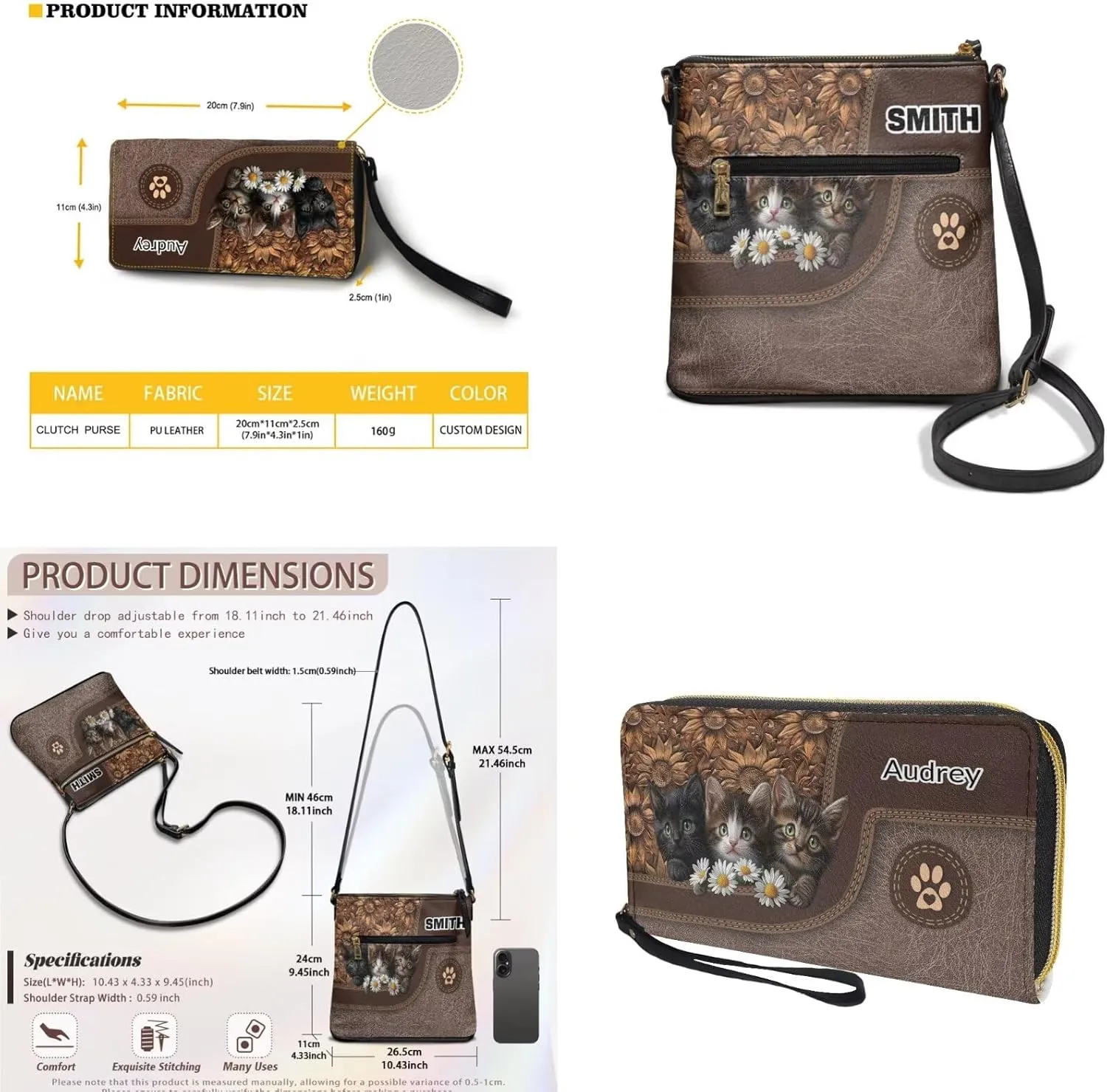Lotusorchid Custom Crossbody Purse and Wallet Set Personalized Leather Shoulder Purse with Name Hobo Bag with Multi Pocket