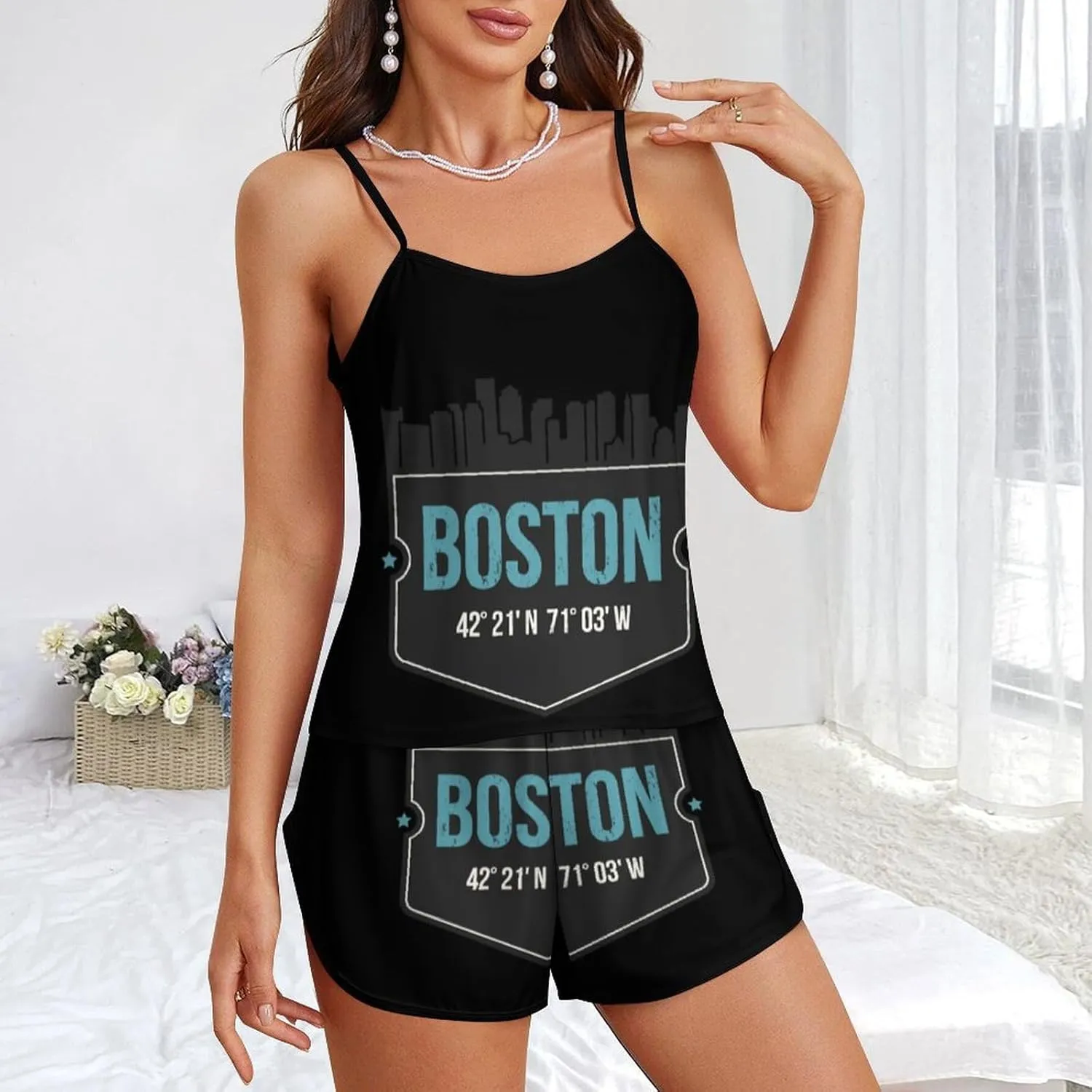 Love Boston City Women's Strap Pajama Set Silk Pajamas for Summer