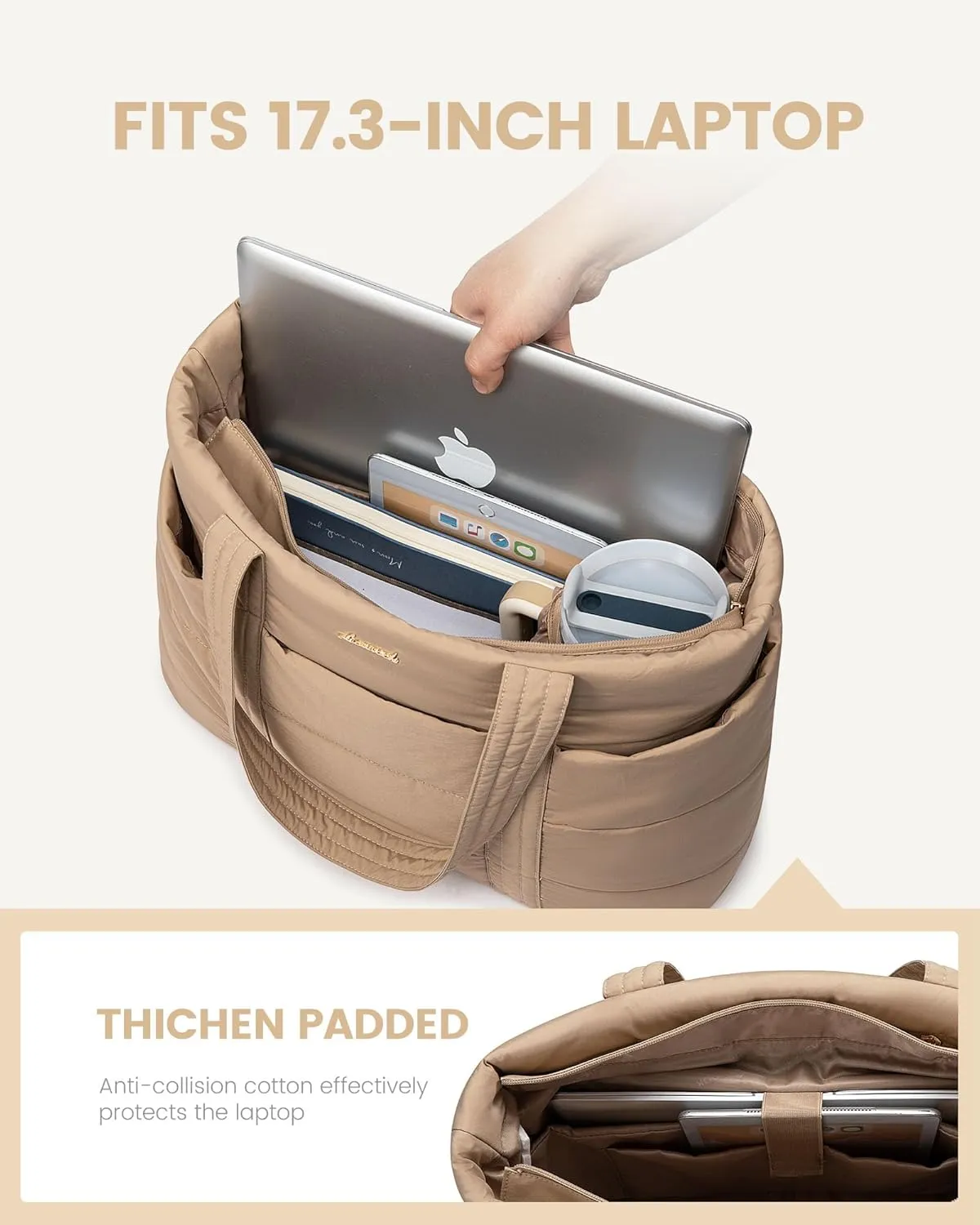 LOVEVOOK Large Puffer Tote Bag for Women, 17.3 Inch Laptop Work and Travel Bag With Zipper, Lightweight Gifts for Women