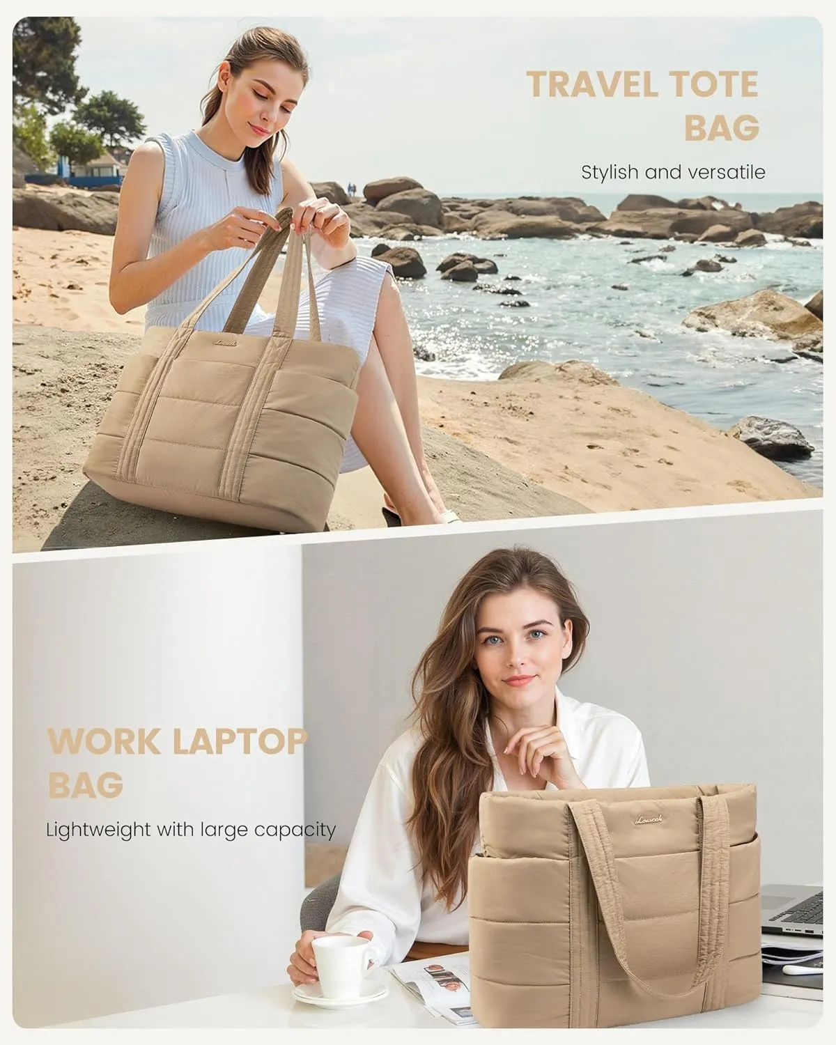 LOVEVOOK Large Puffer Tote for Women, 15.6 Inch Laptop Work and Travel Bag With Zipper, Lightweight Gifts for Women