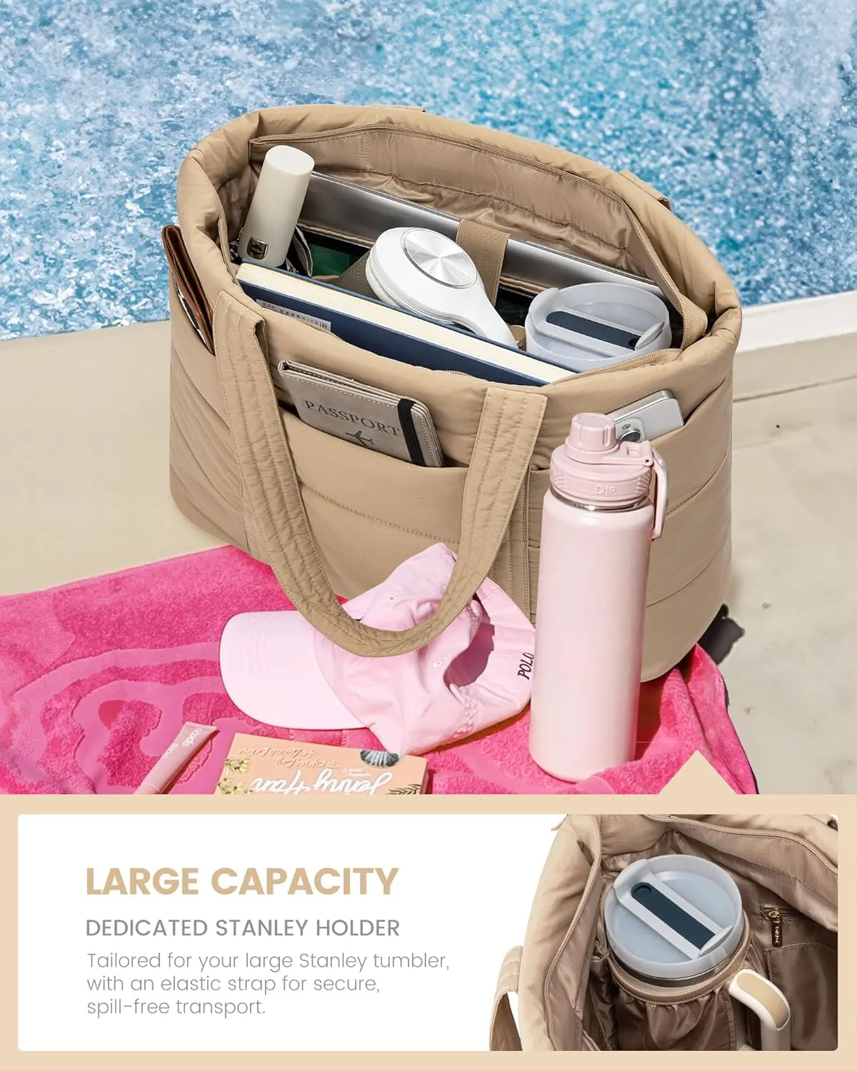 LOVEVOOK Large Puffer Tote for Women, 15.6 Inch Laptop Work and Travel Bag With Zipper, Lightweight Gifts for Women