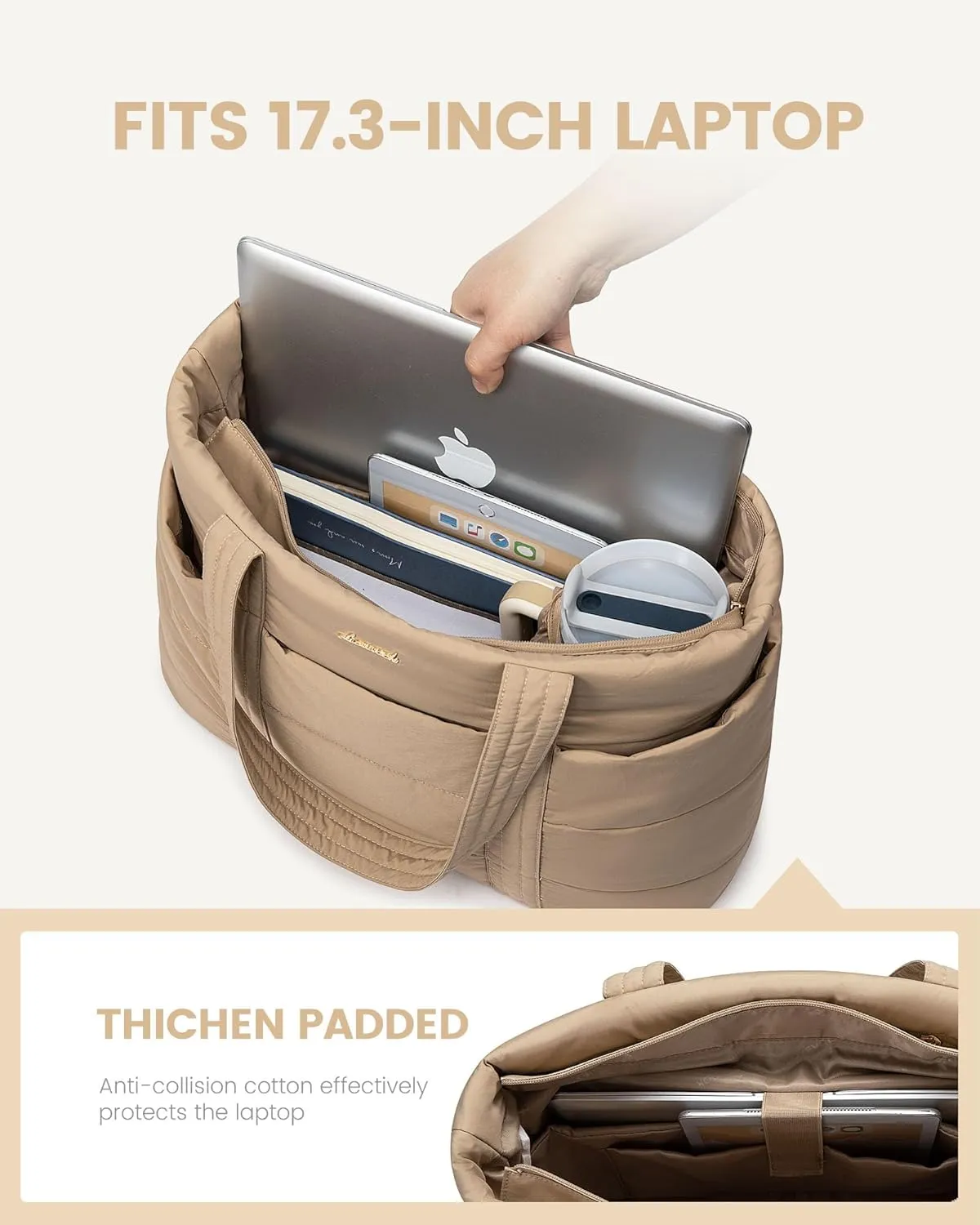 LOVEVOOK Large Puffer Tote for Women, 15.6 Inch Laptop Work and Travel Bag With Zipper, Lightweight Gifts for Women